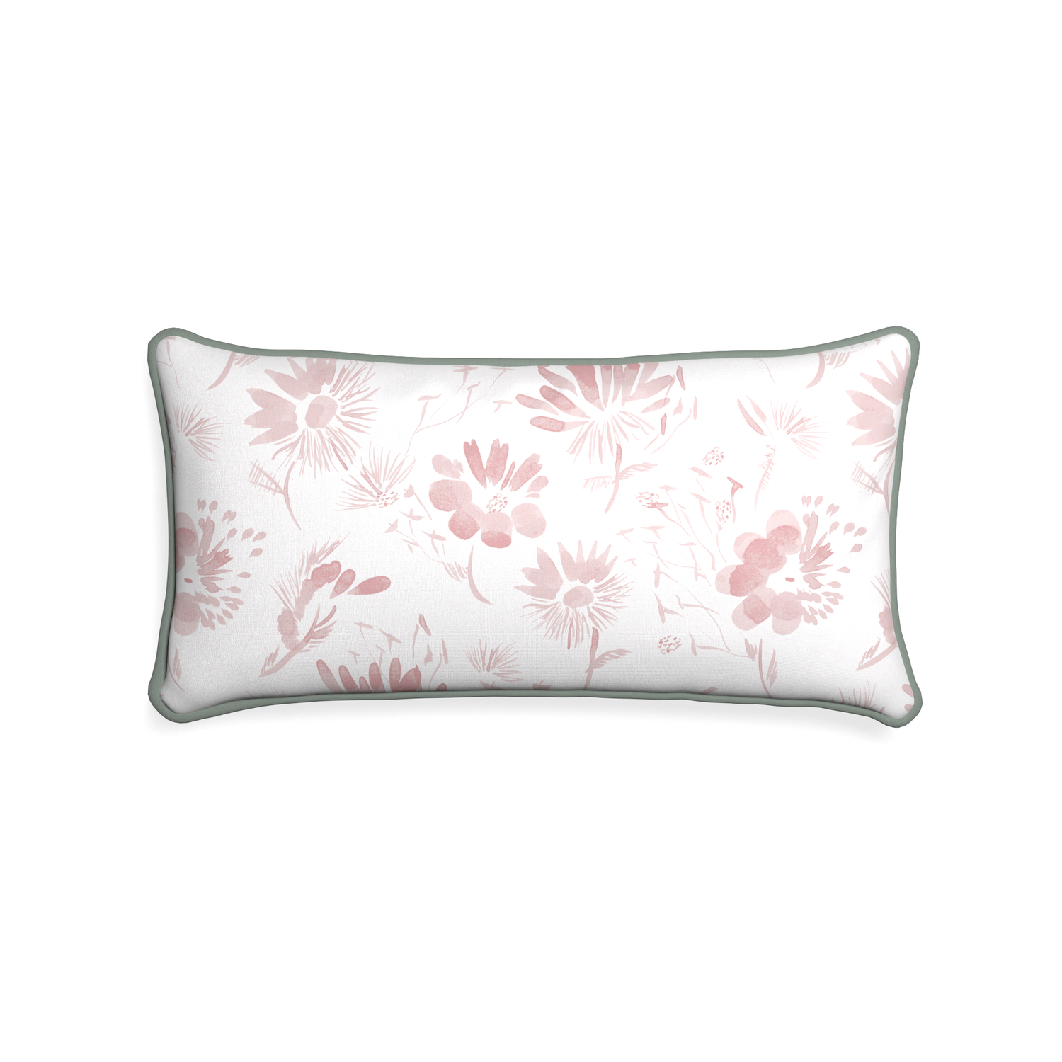 Midi-lumbar blake custom pink floralpillow with sage piping on white background