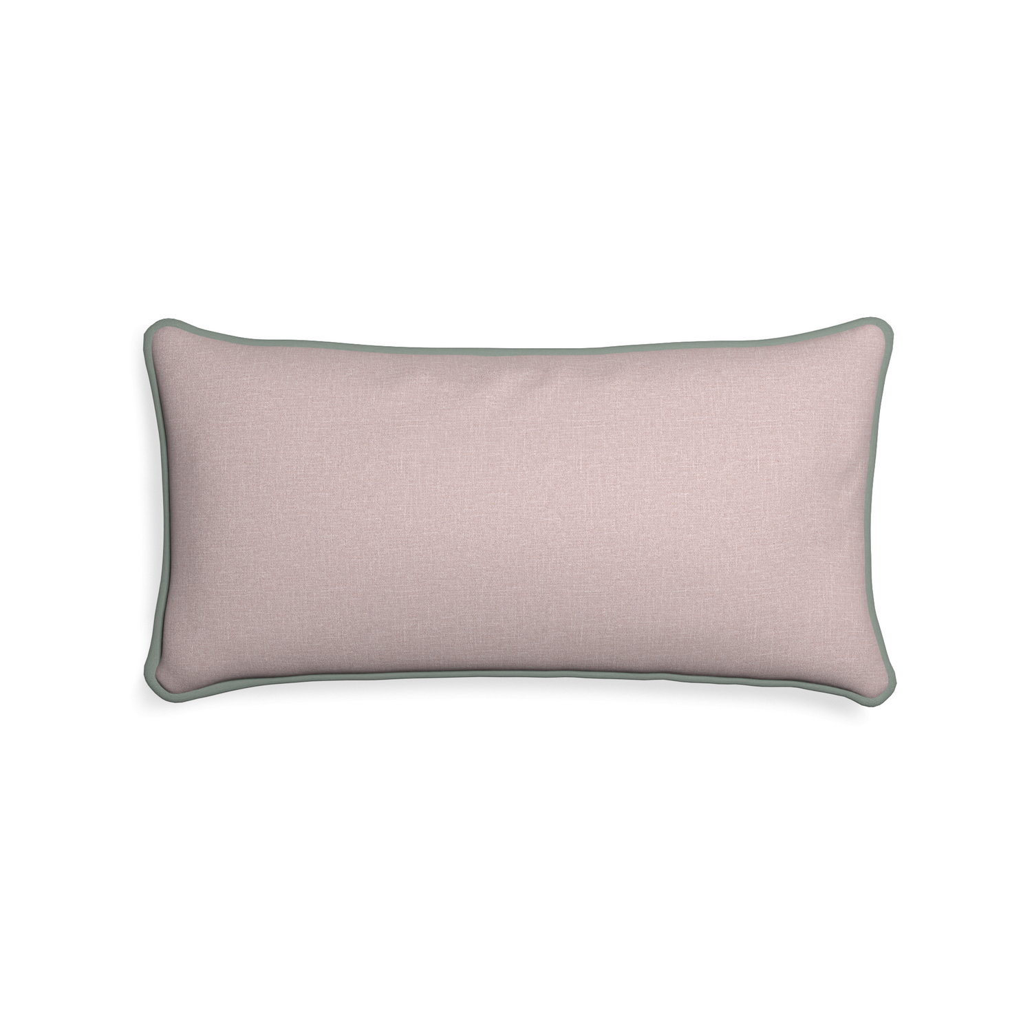 Midi-lumbar orchid custom mauve pinkpillow with sage piping on white background
