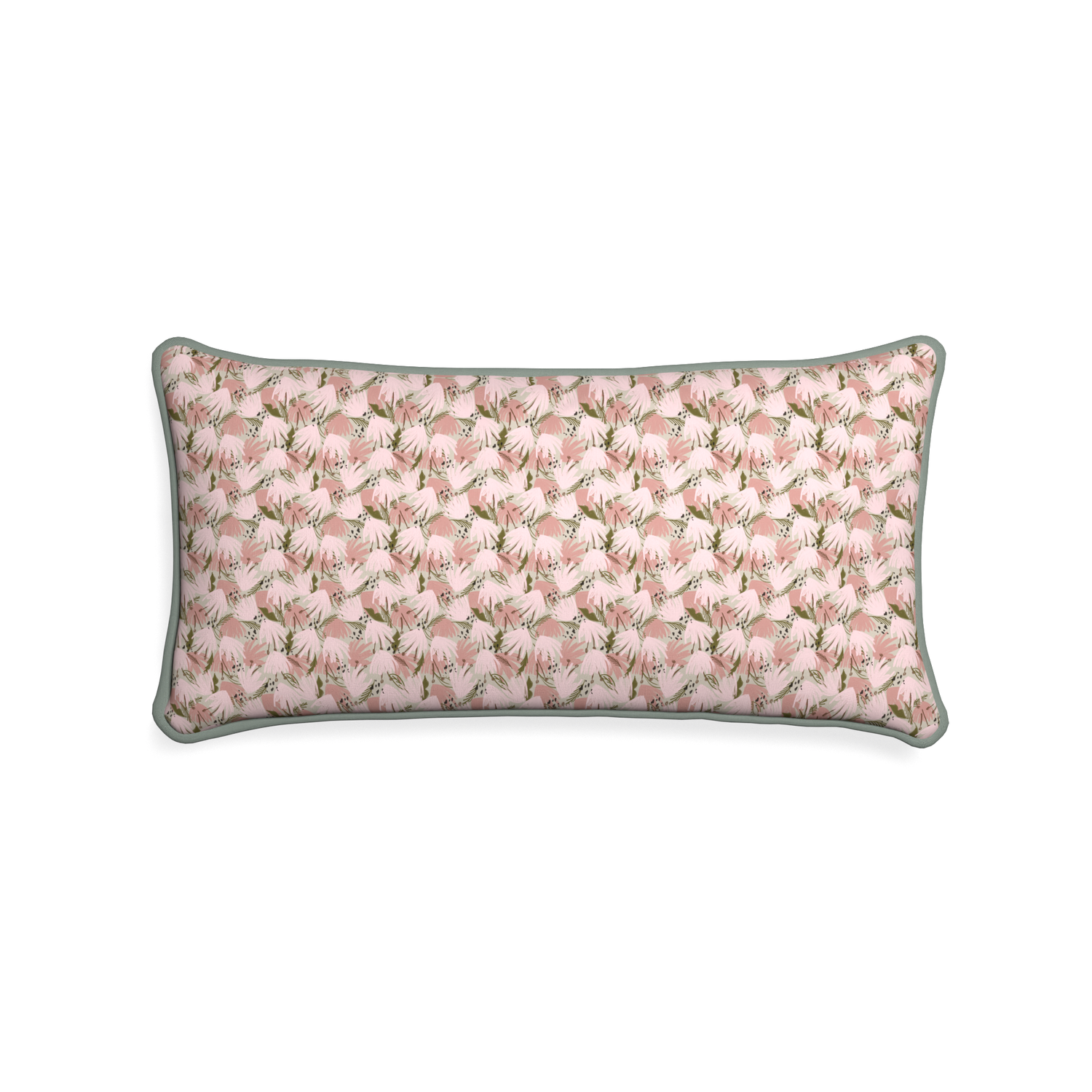 Midi-lumbar eden pink custom pink floralpillow with sage piping on white background