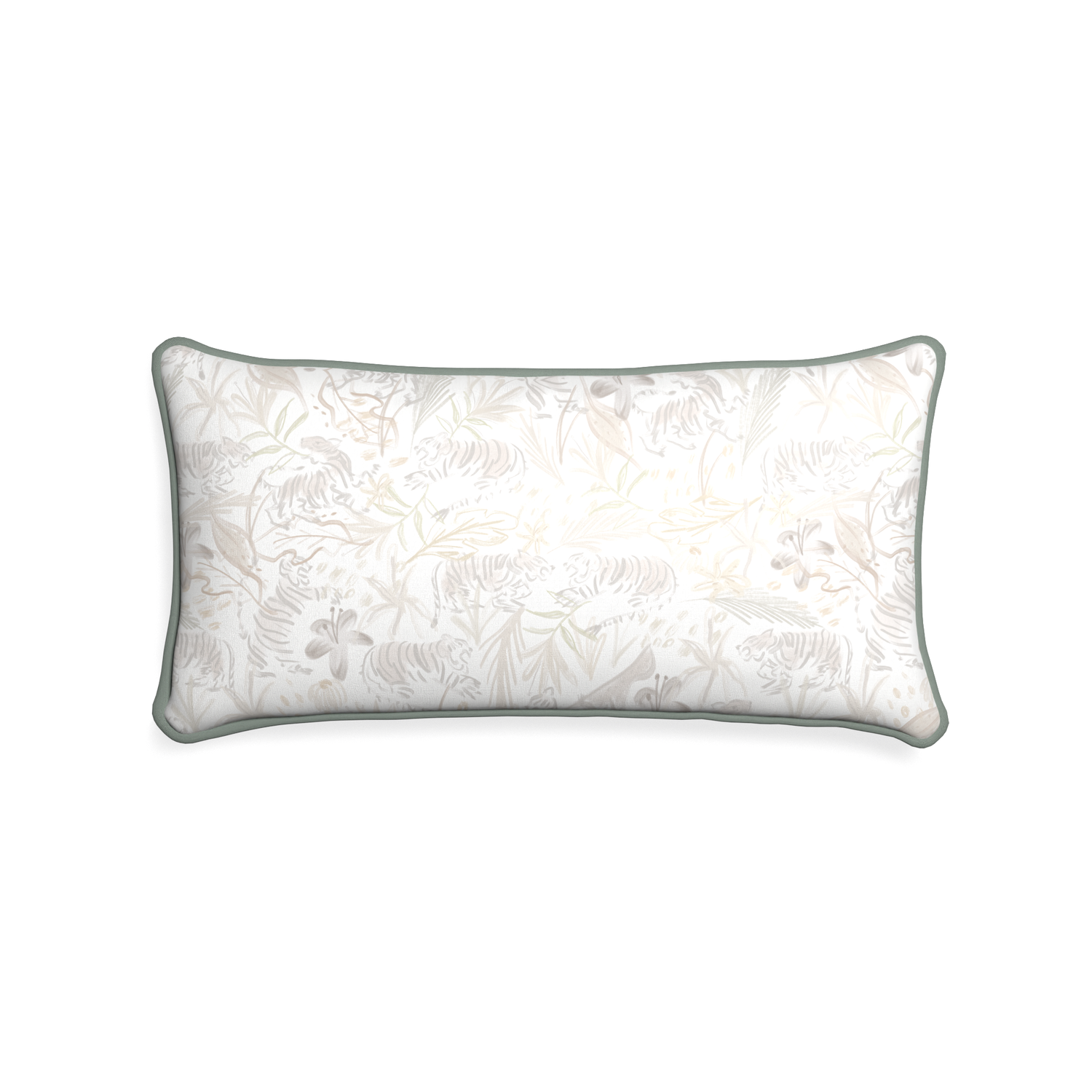 Midi-lumbar frida sand custom beige chinoiserie tigerpillow with sage piping on white background