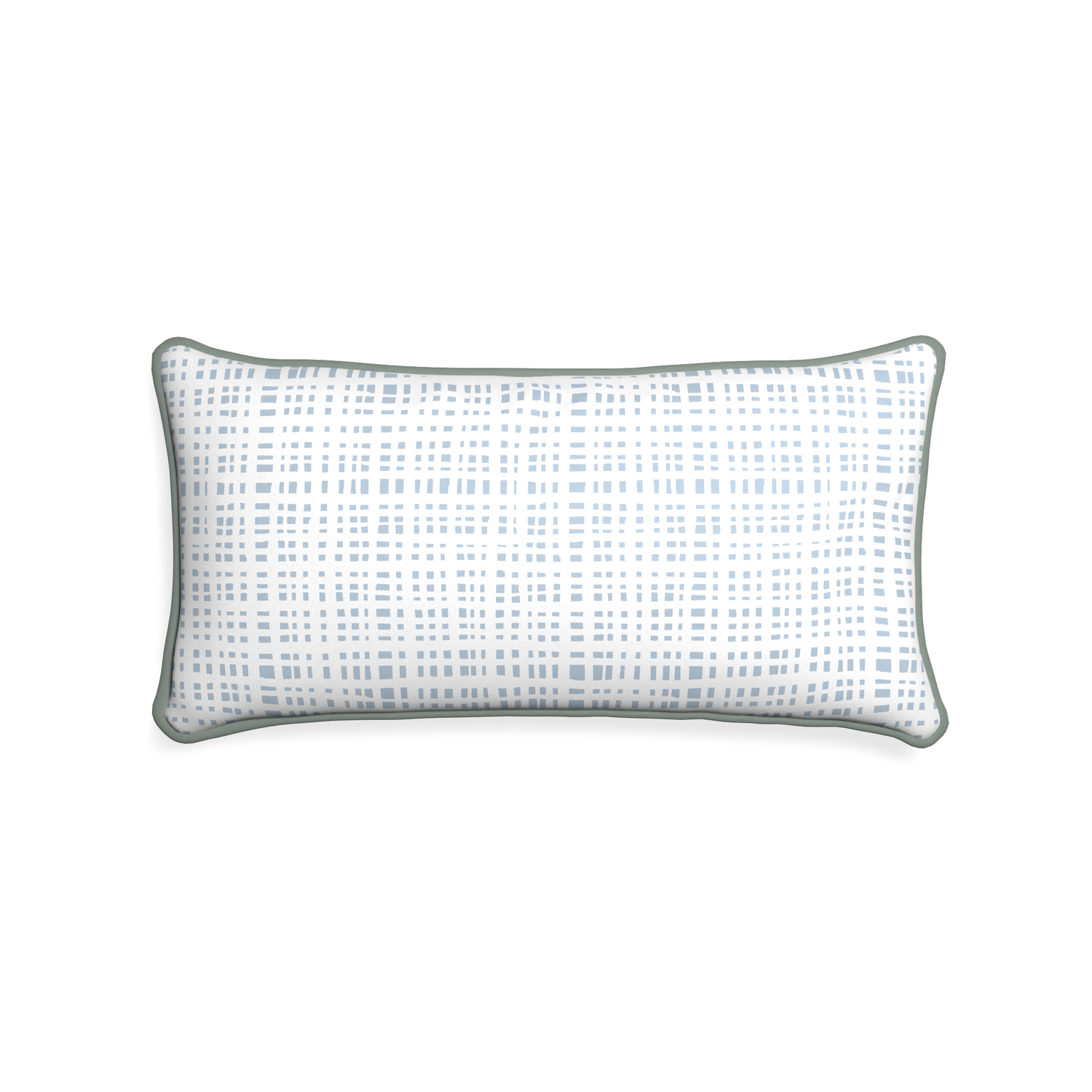 Midi-lumbar ginger custom plaid sky bluepillow with sage piping on white background