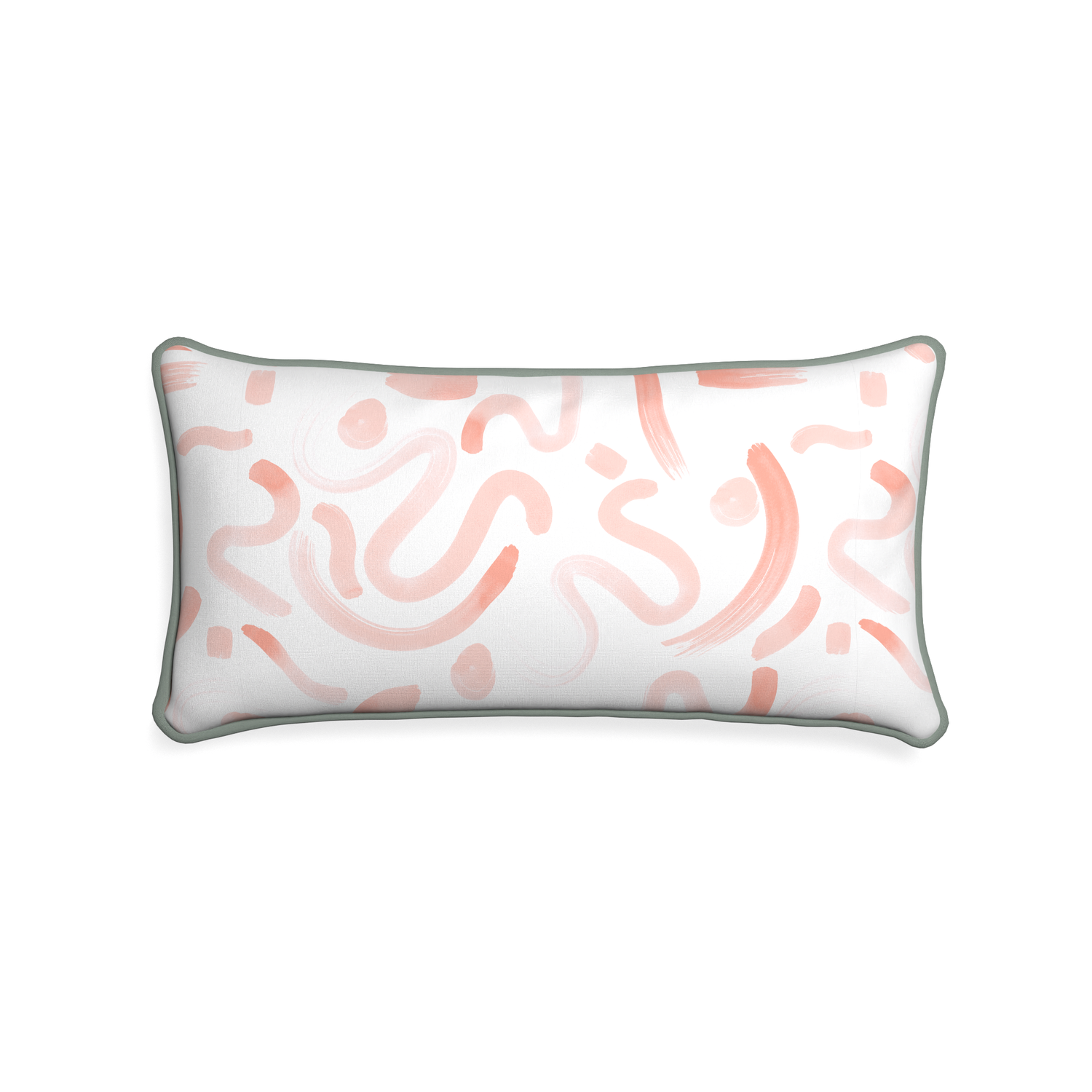 Midi-lumbar hockney pink custom pink graphicpillow with sage piping on white background
