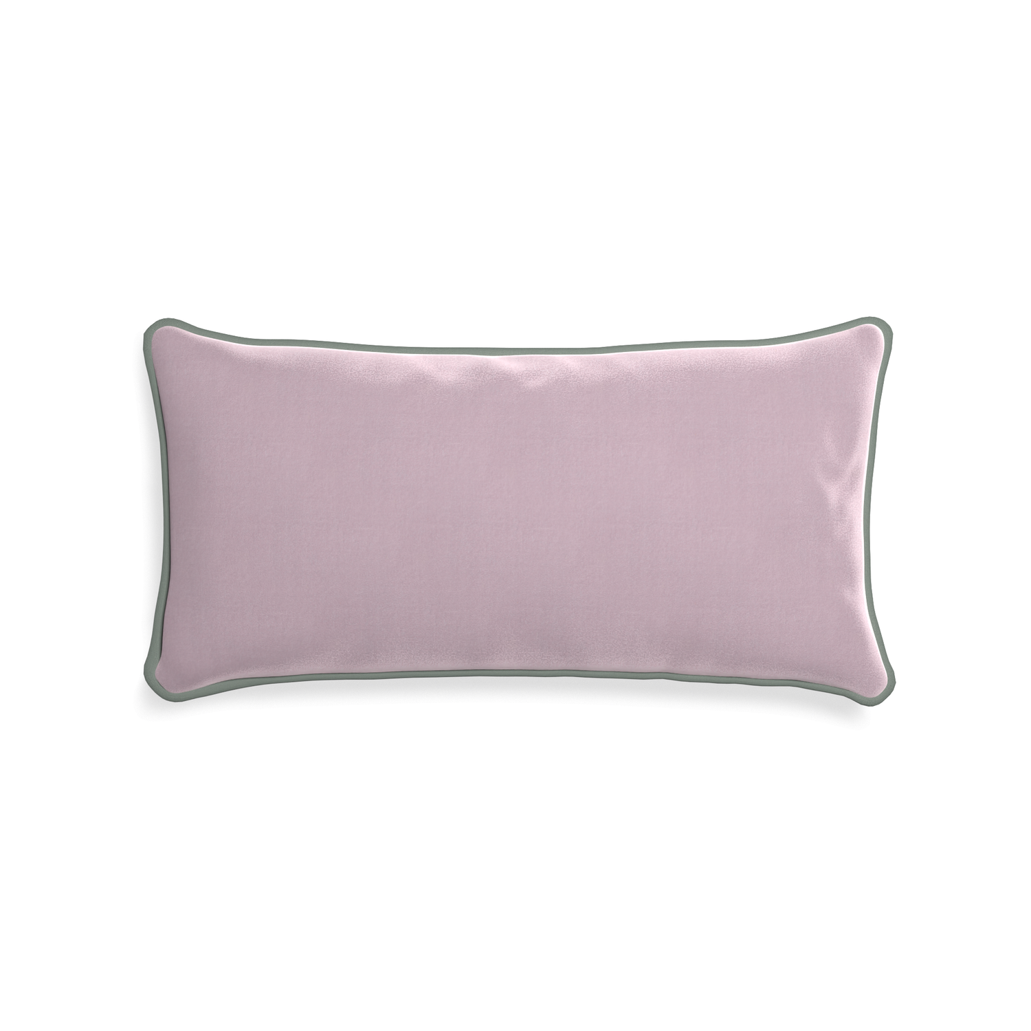 Midi-lumbar lilac velvet custom lilacpillow with sage piping on white background