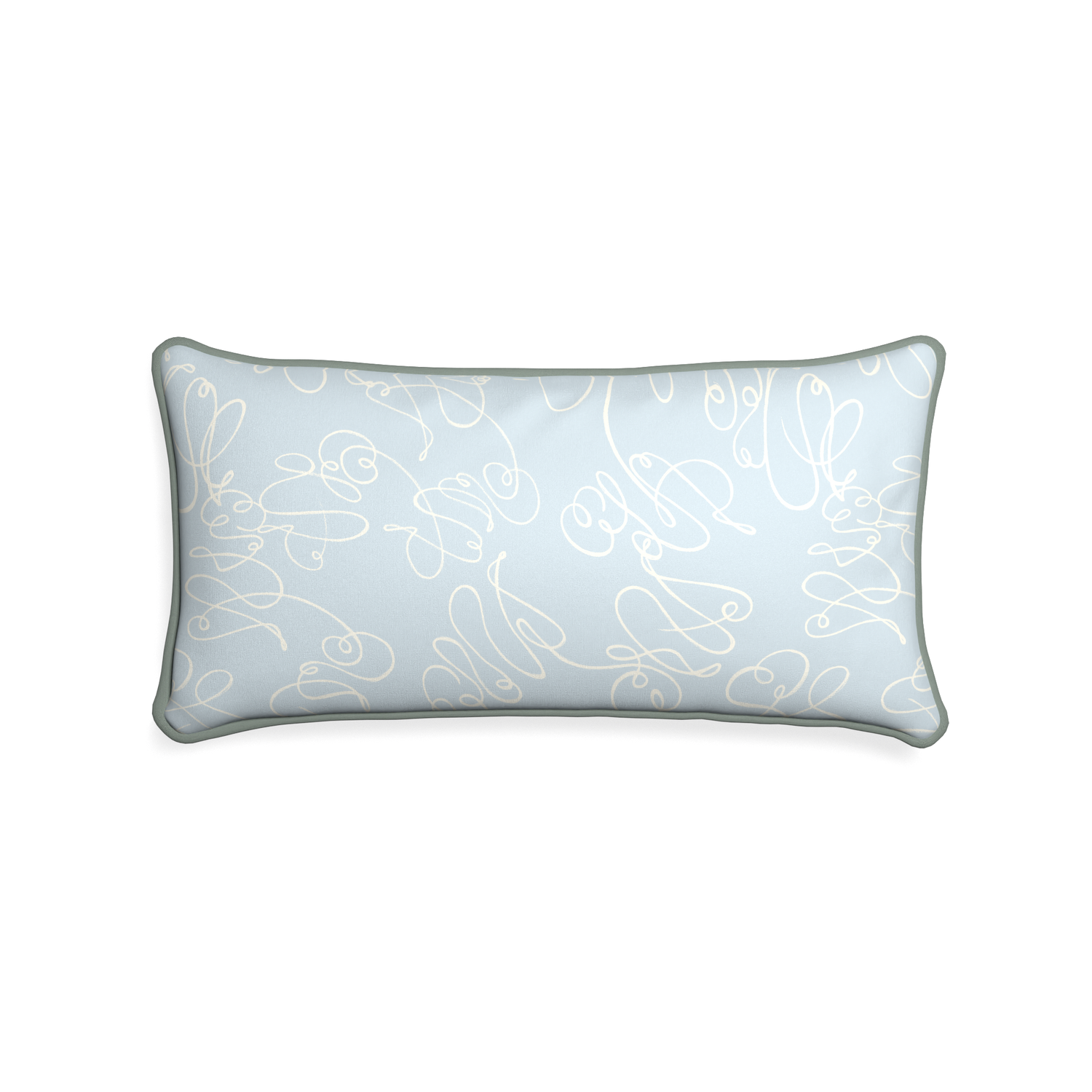 Midi-lumbar mirabella custom powder blue abstractpillow with sage piping on white background