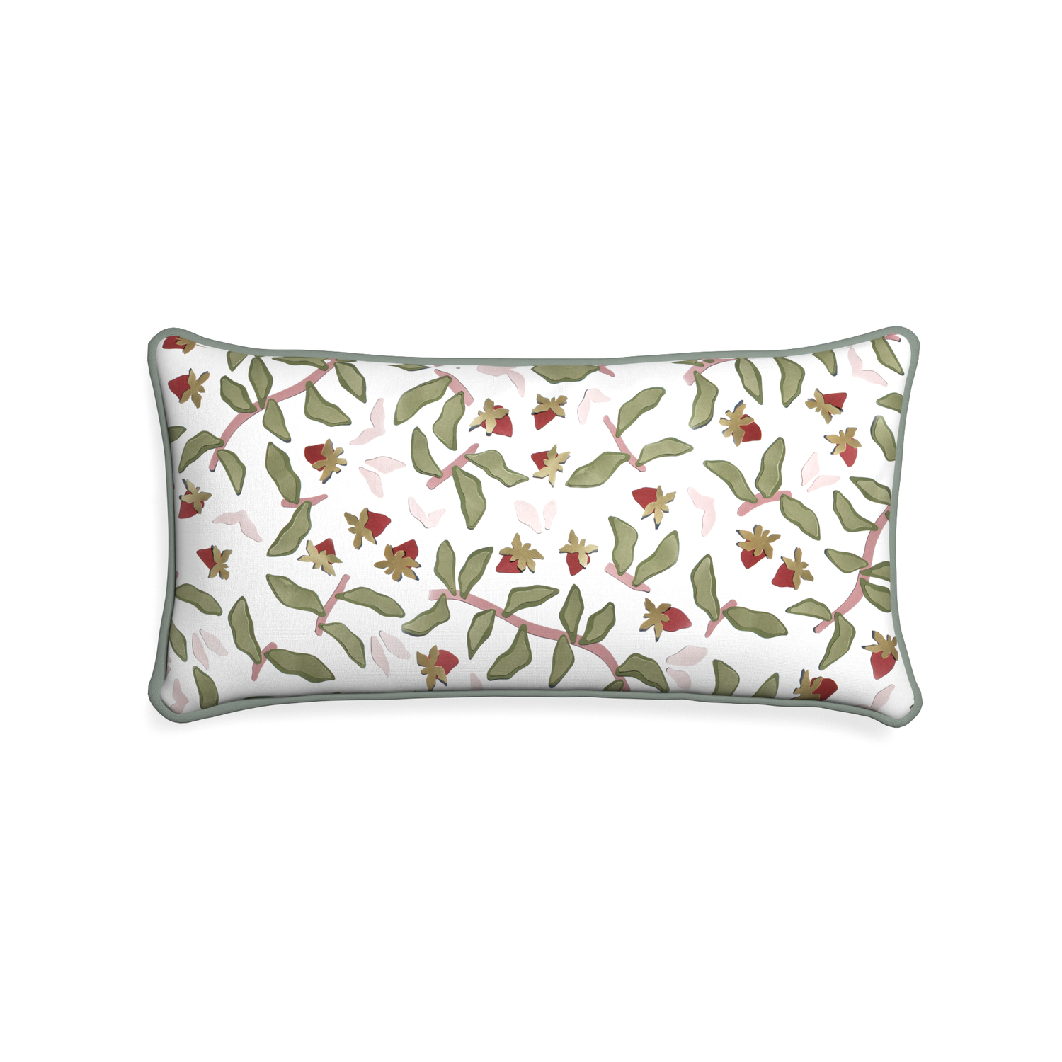 Midi-lumbar nellie custom strawberry & botanicalpillow with sage piping on white background
