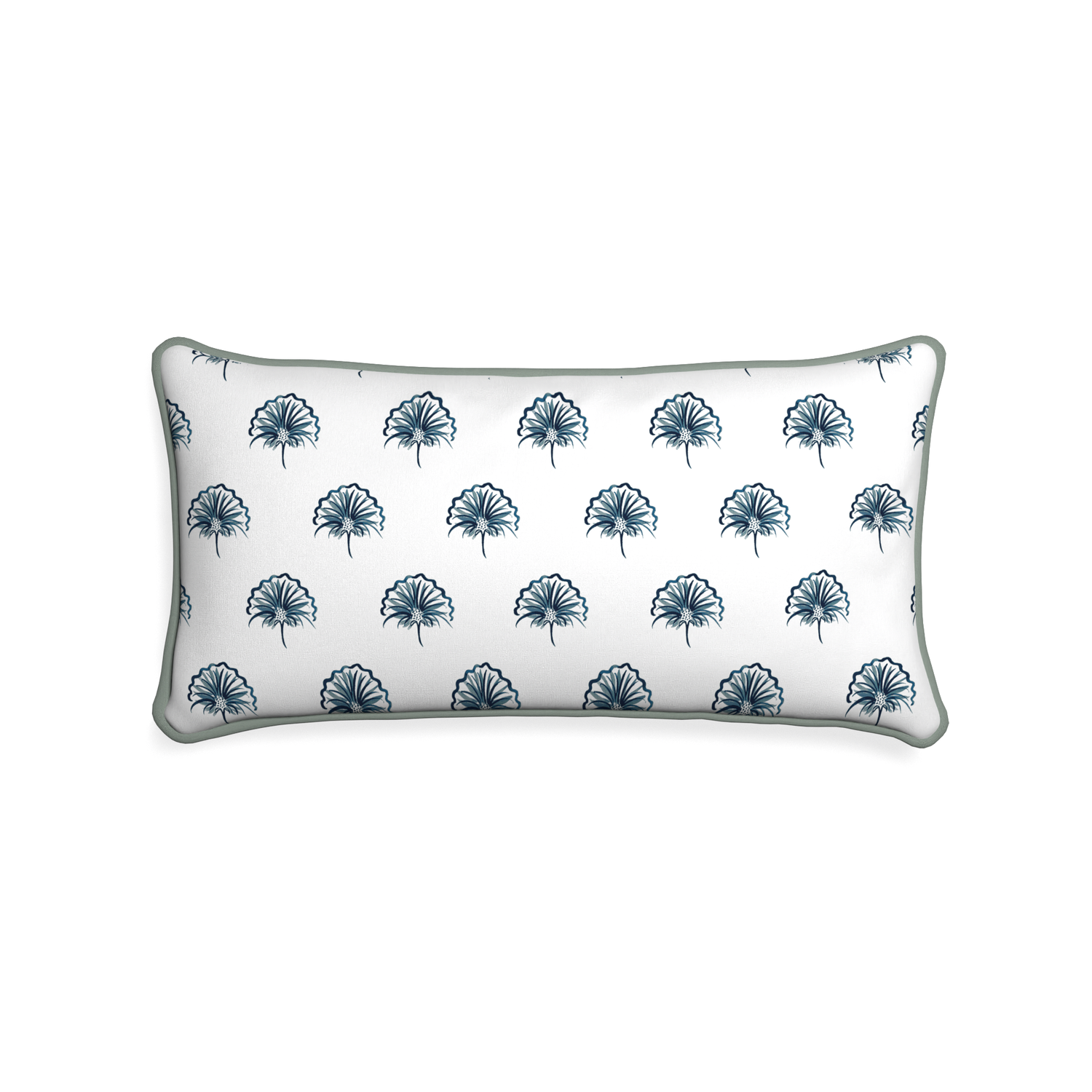 Midi-lumbar penelope midnight custom floral navypillow with sage piping on white background