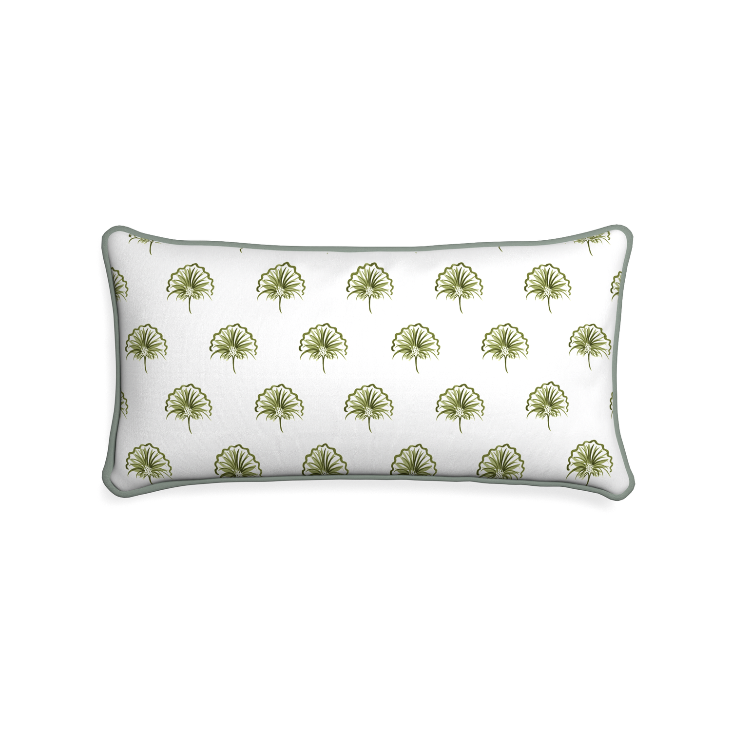 Midi-lumbar penelope moss custom green floralpillow with sage piping on white background