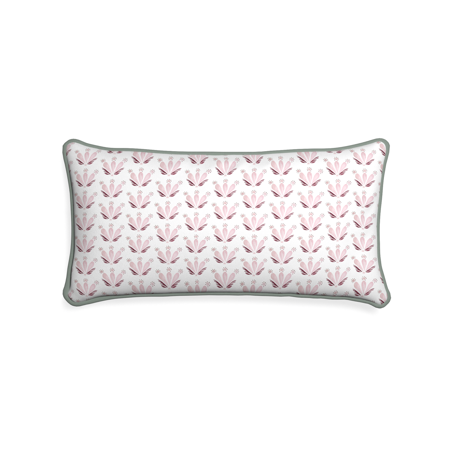 Midi-lumbar serena pink custom pink & burgundy drop repeat floralpillow with sage piping on white background