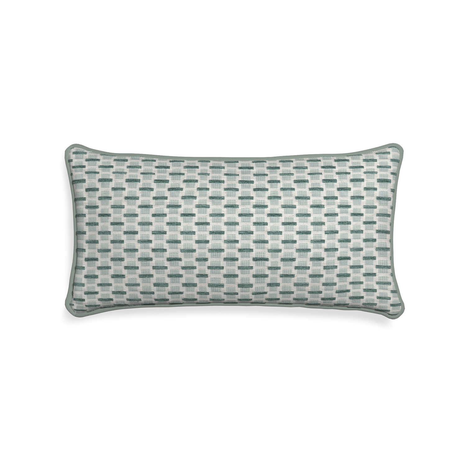 Midi-lumbar willow mint custom green geometric chenillepillow with sage piping on white background