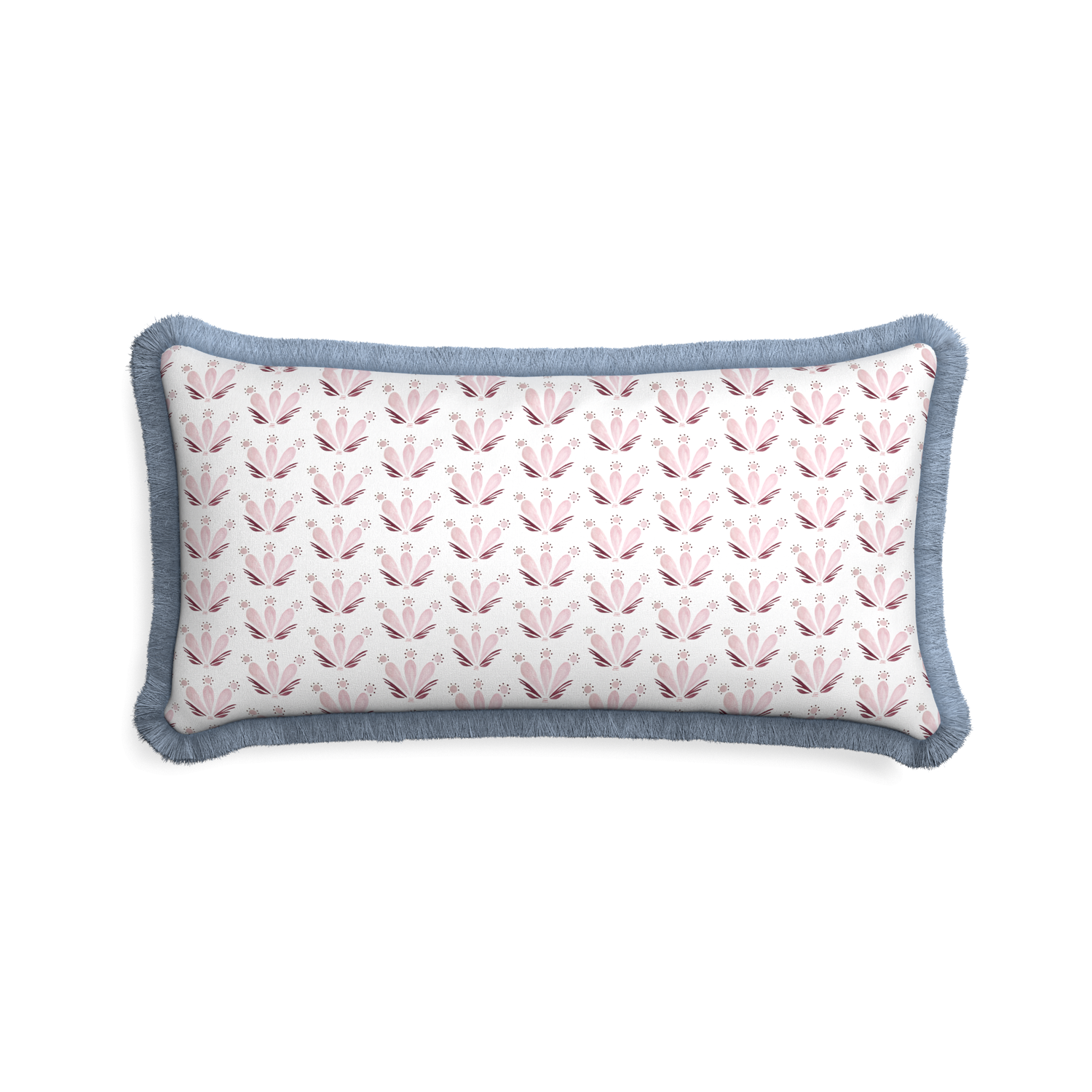 Midi-lumbar serena pink custom pink & burgundy drop repeat floralpillow with sky fringe on white background
