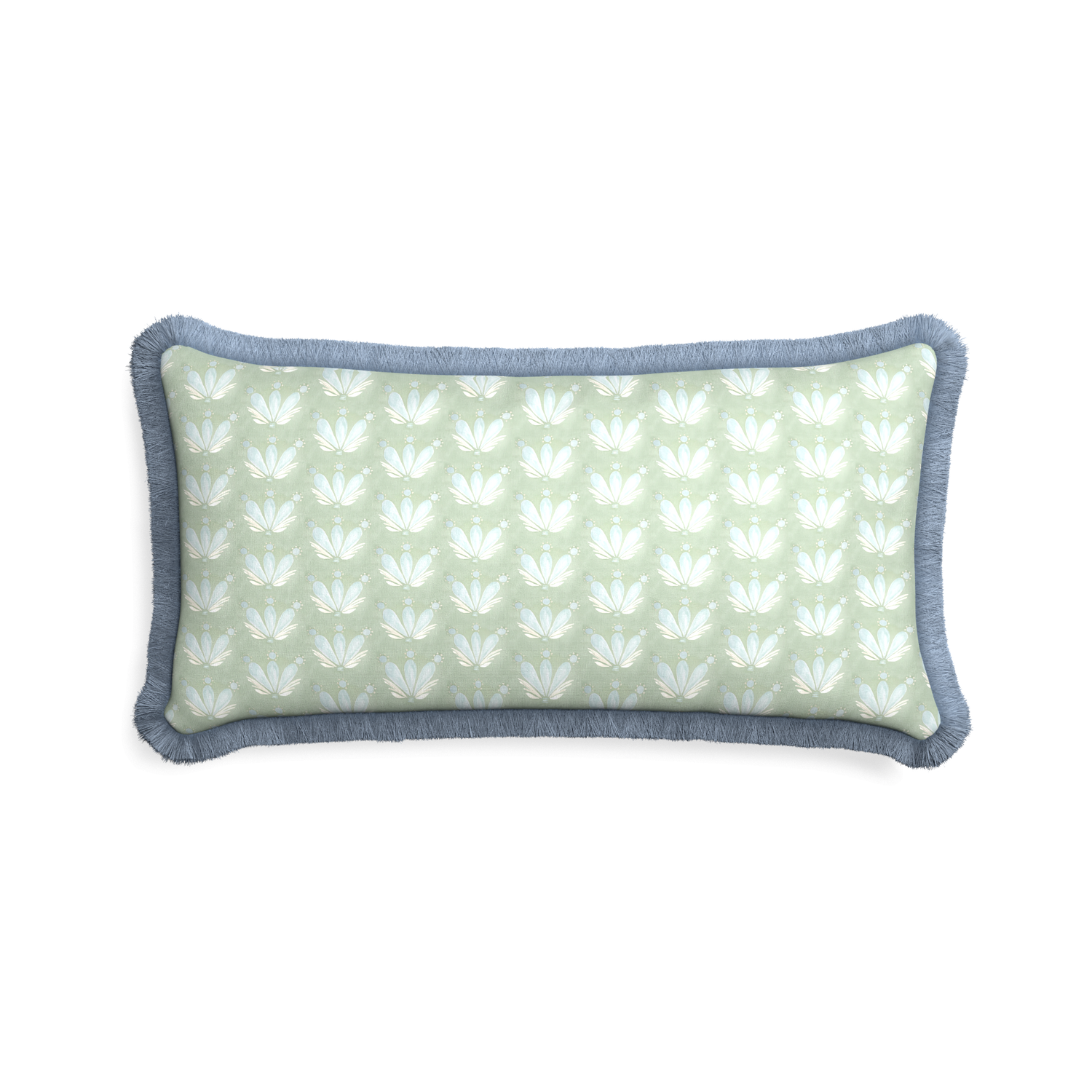 Midi-lumbar serena sea salt custom blue & green floral drop repeatpillow with sky fringe on white background