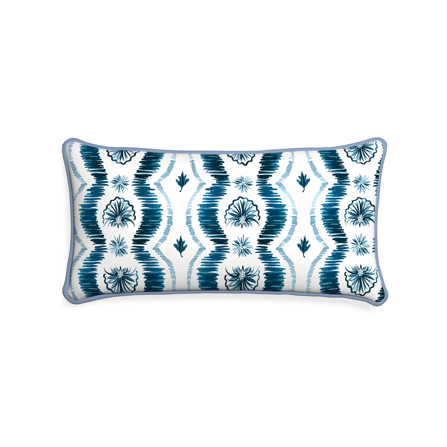Midi-lumbar alice custom blue ikatpillow with sky piping on white background