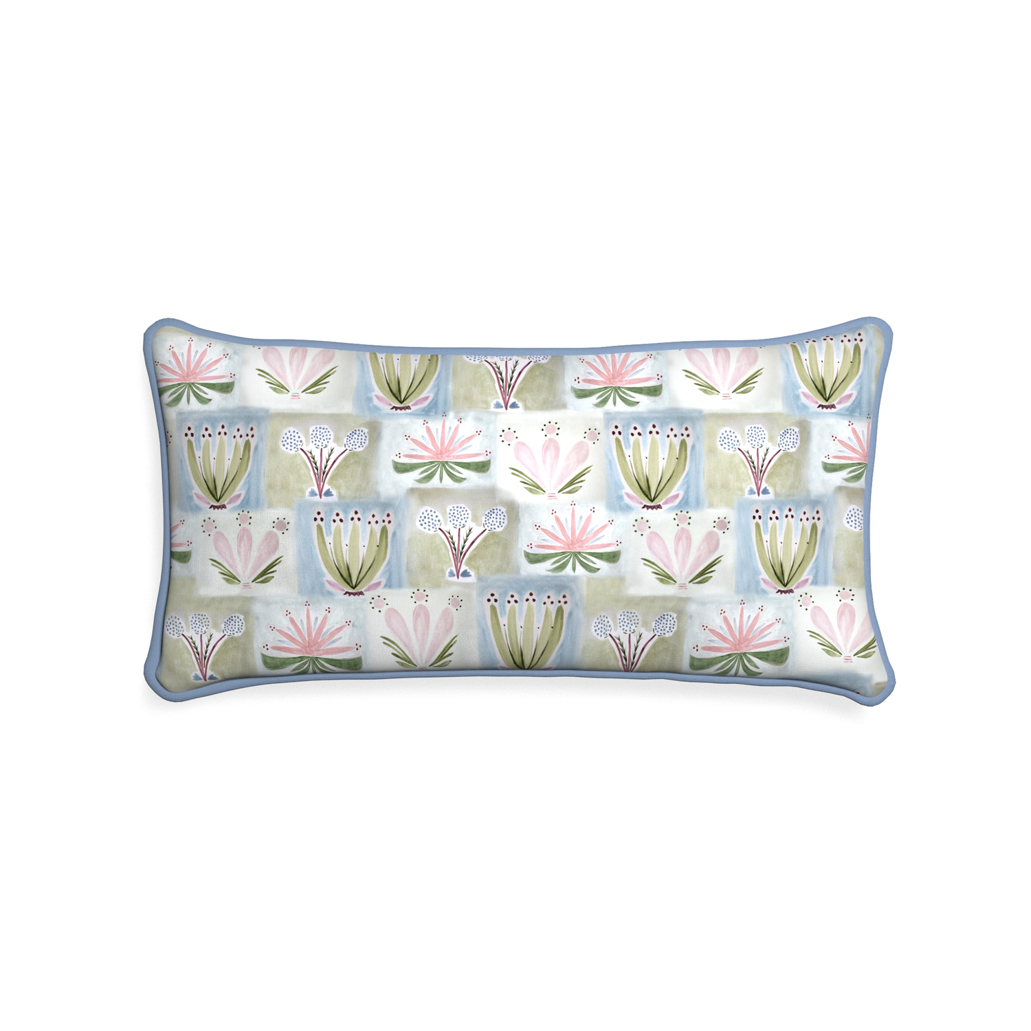 Midi-lumbar harper custom hand-painted floralpillow with sky piping on white background