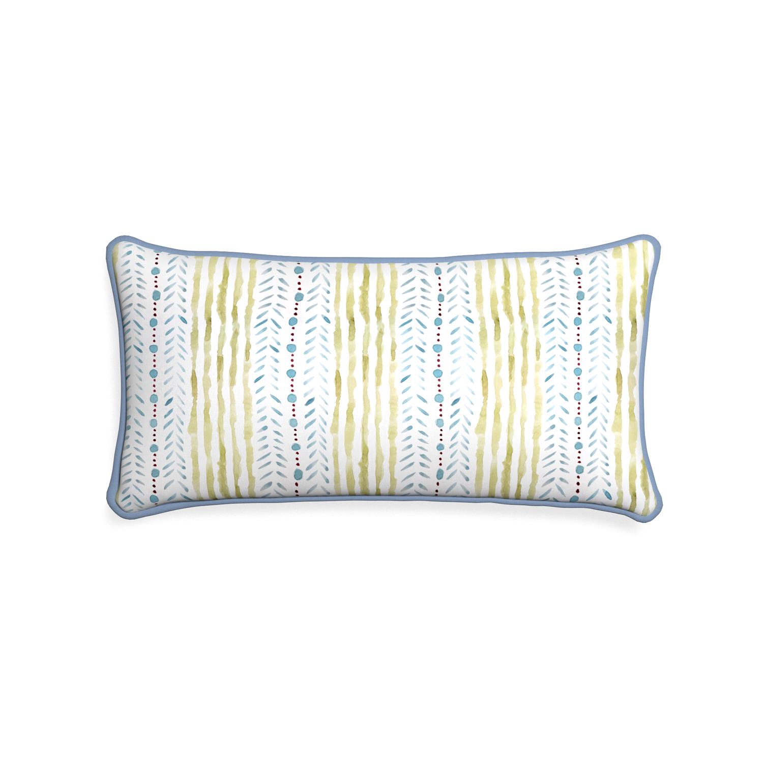 Midi-lumbar julia custom blue & green stripedpillow with sky piping on white background