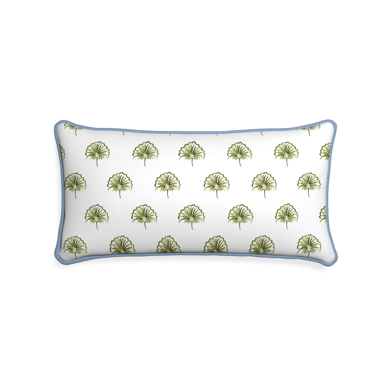 Midi-lumbar penelope moss custom green floralpillow with sky piping on white background