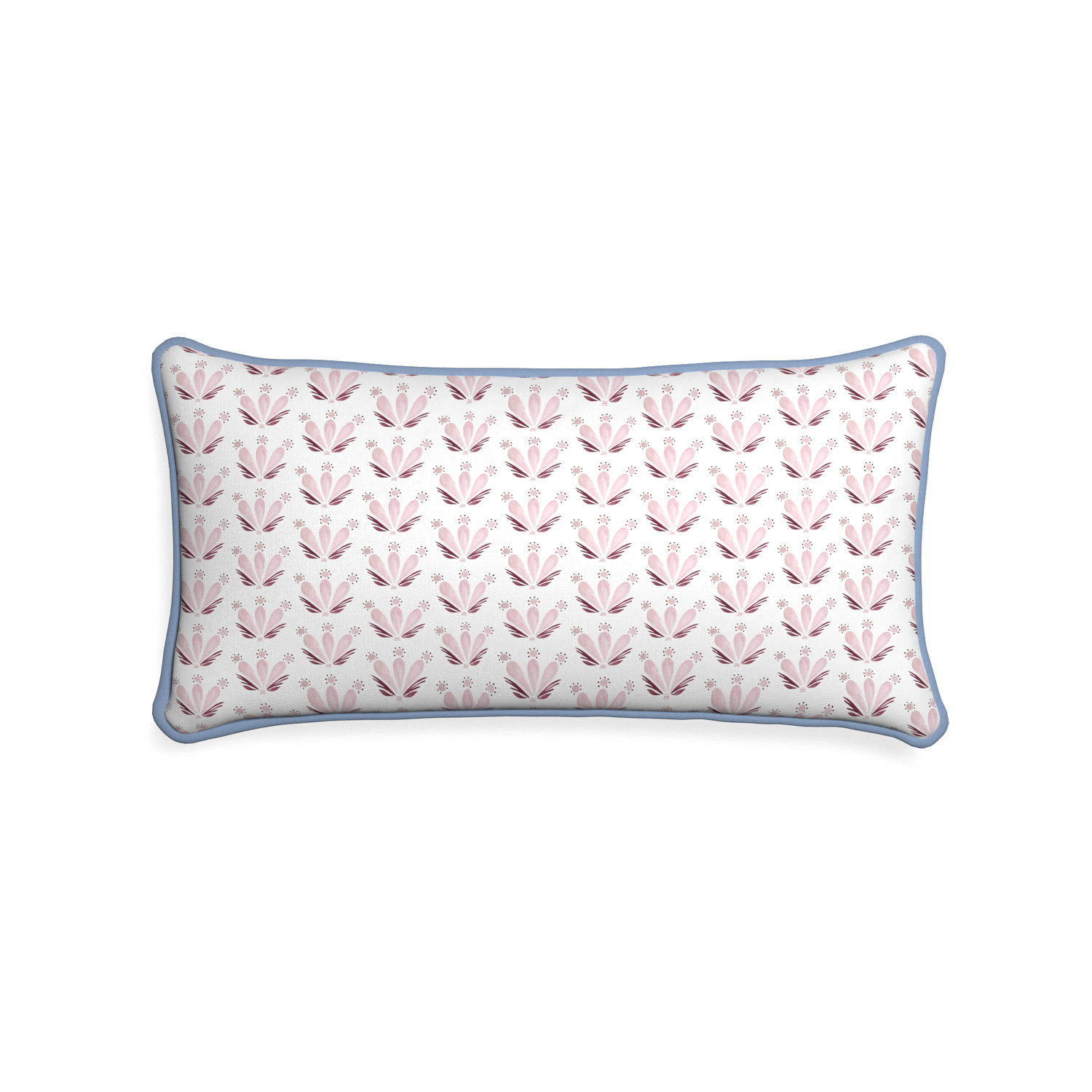 Midi-lumbar serena pink custom pink & burgundy drop repeat floralpillow with sky piping on white background