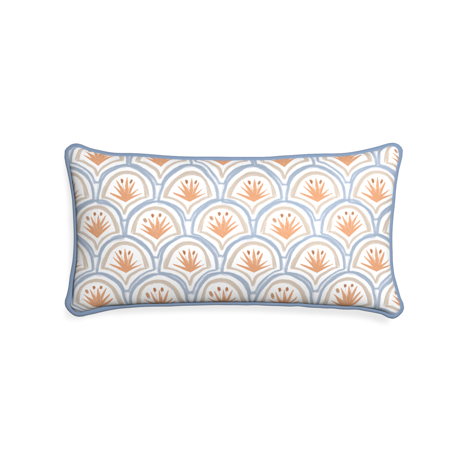 Midi-lumbar thatcher apricot custom art deco palm patternpillow with sky piping on white background