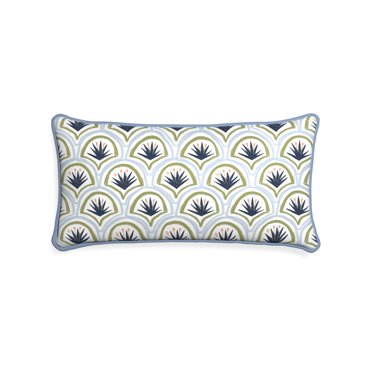 Midi-lumbar thatcher midnight custom art deco palm patternpillow with sky piping on white background