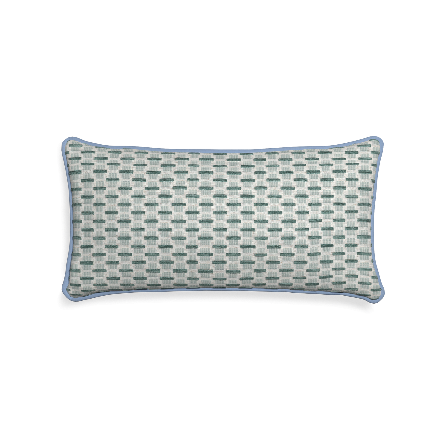 Midi-lumbar willow mint custom green geometric chenillepillow with sky piping on white background