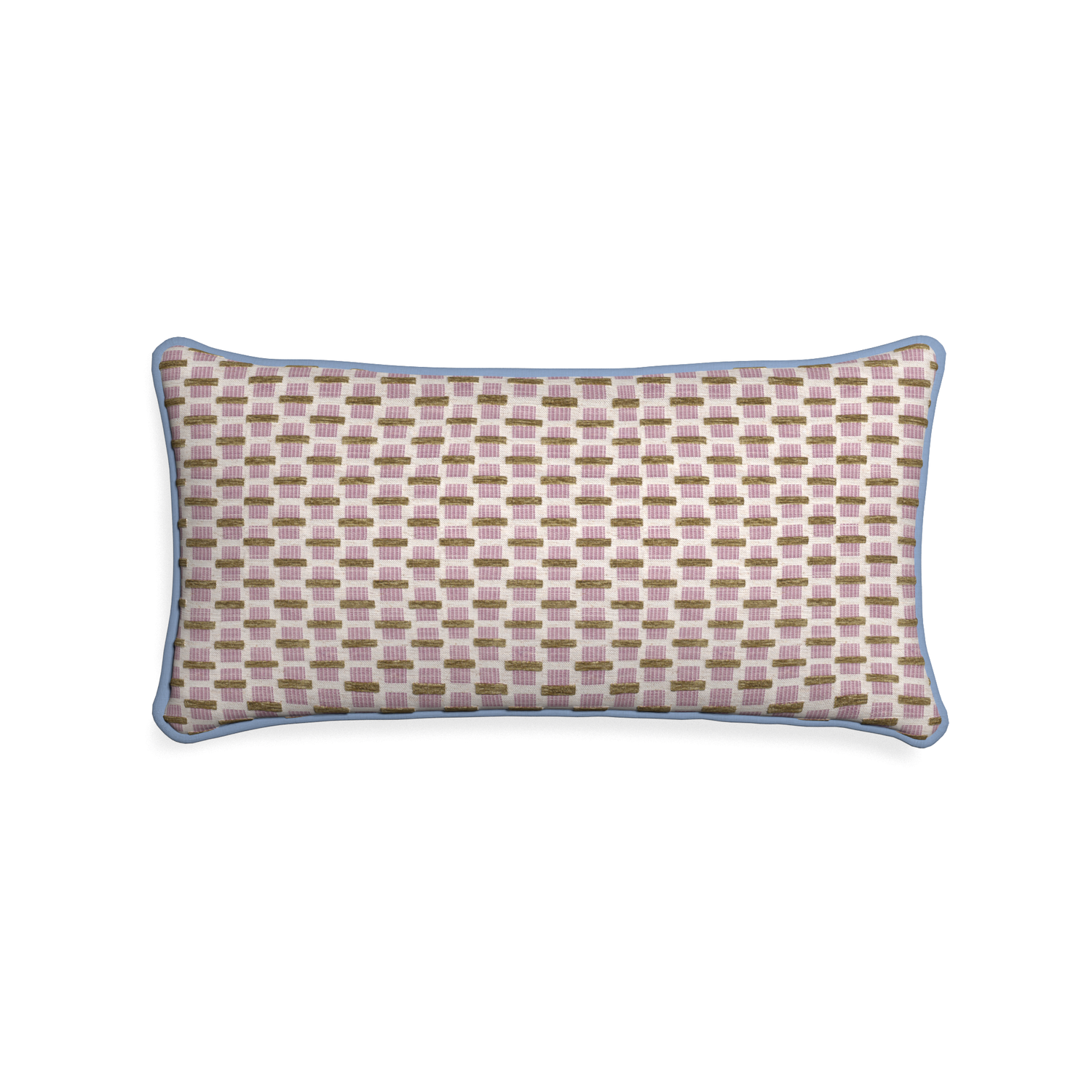 Midi-lumbar willow orchid custom pink geometric chenillepillow with sky piping on white background