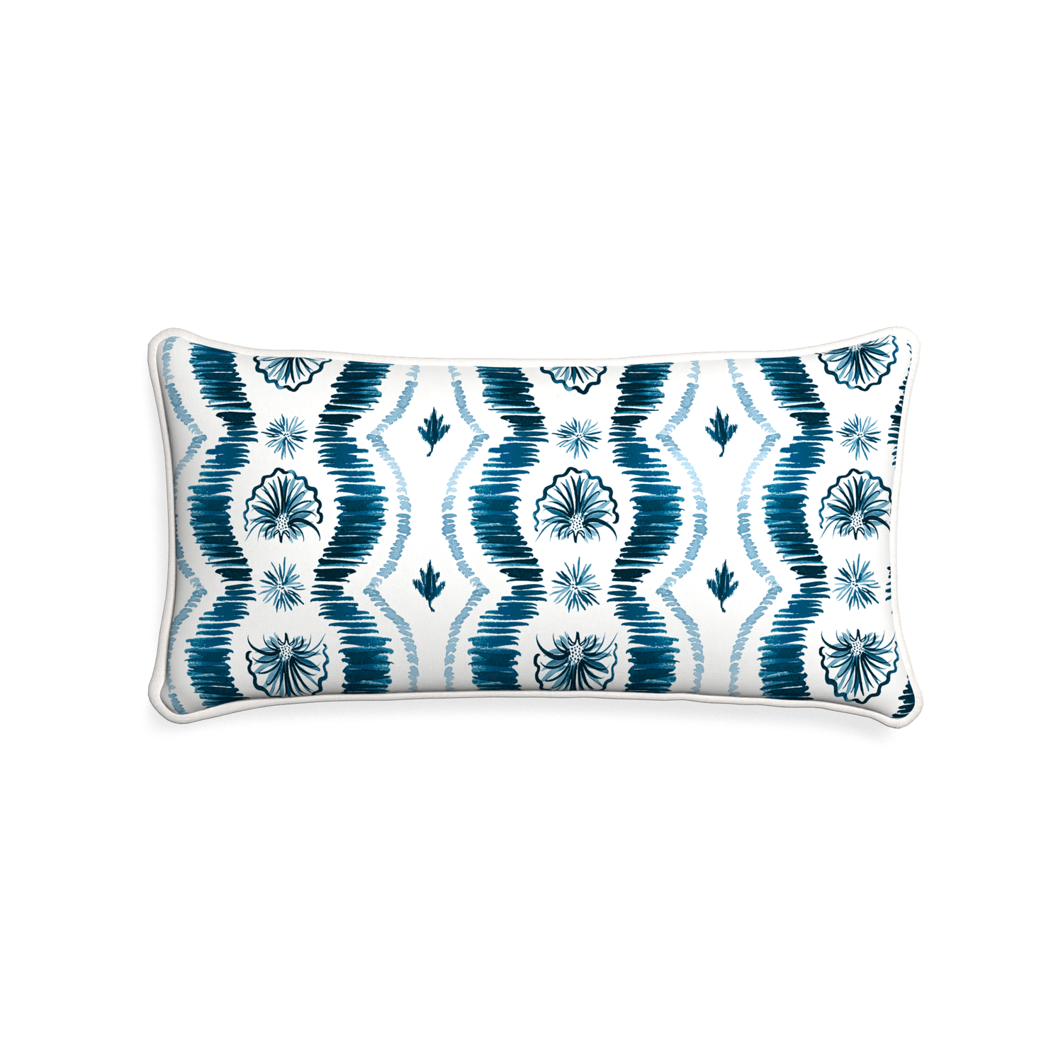 Midi-lumbar alice custom blue ikatpillow with snow piping on white background