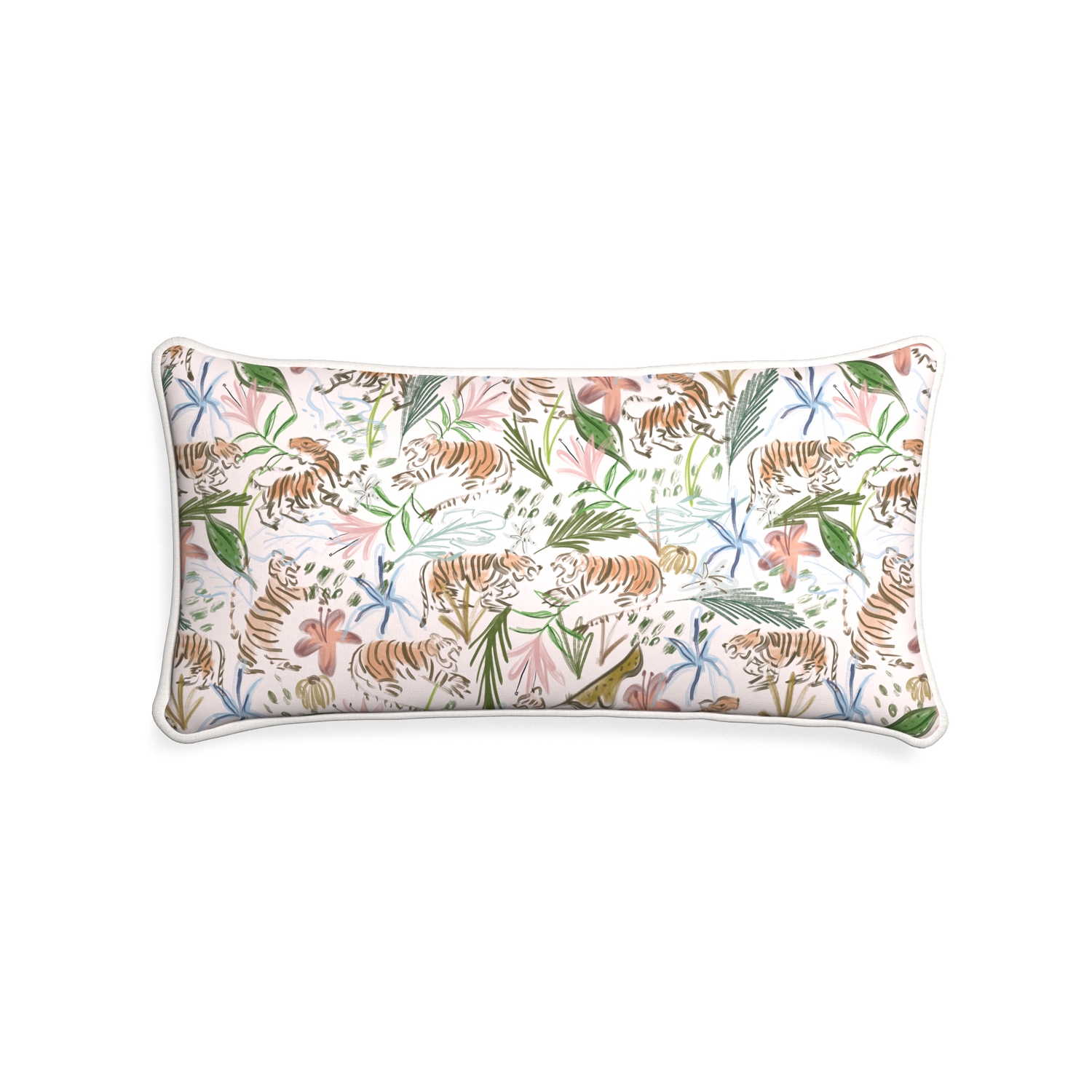 Midi-lumbar frida pink custom pink chinoiserie tigerpillow with snow piping on white background