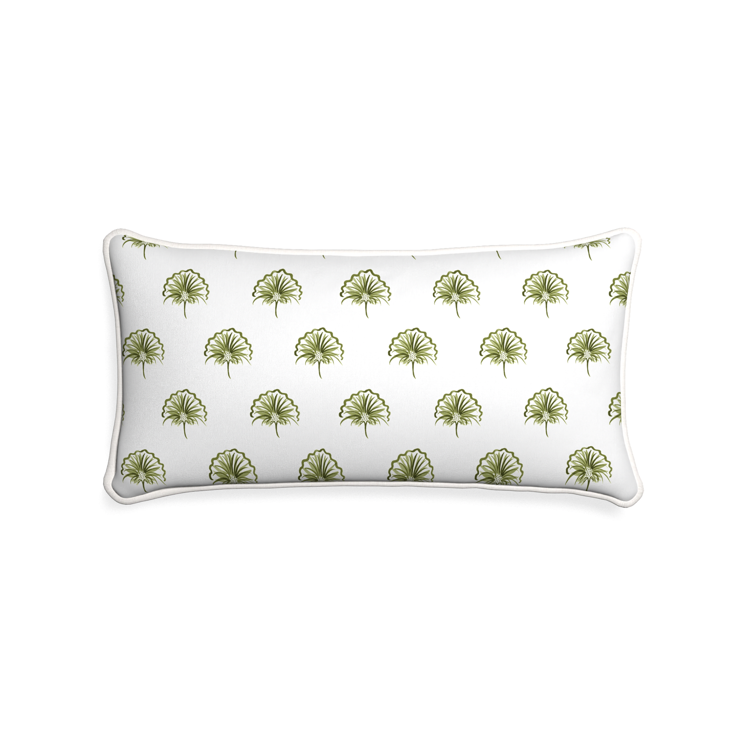 Midi-lumbar penelope moss custom green floralpillow with snow piping on white background