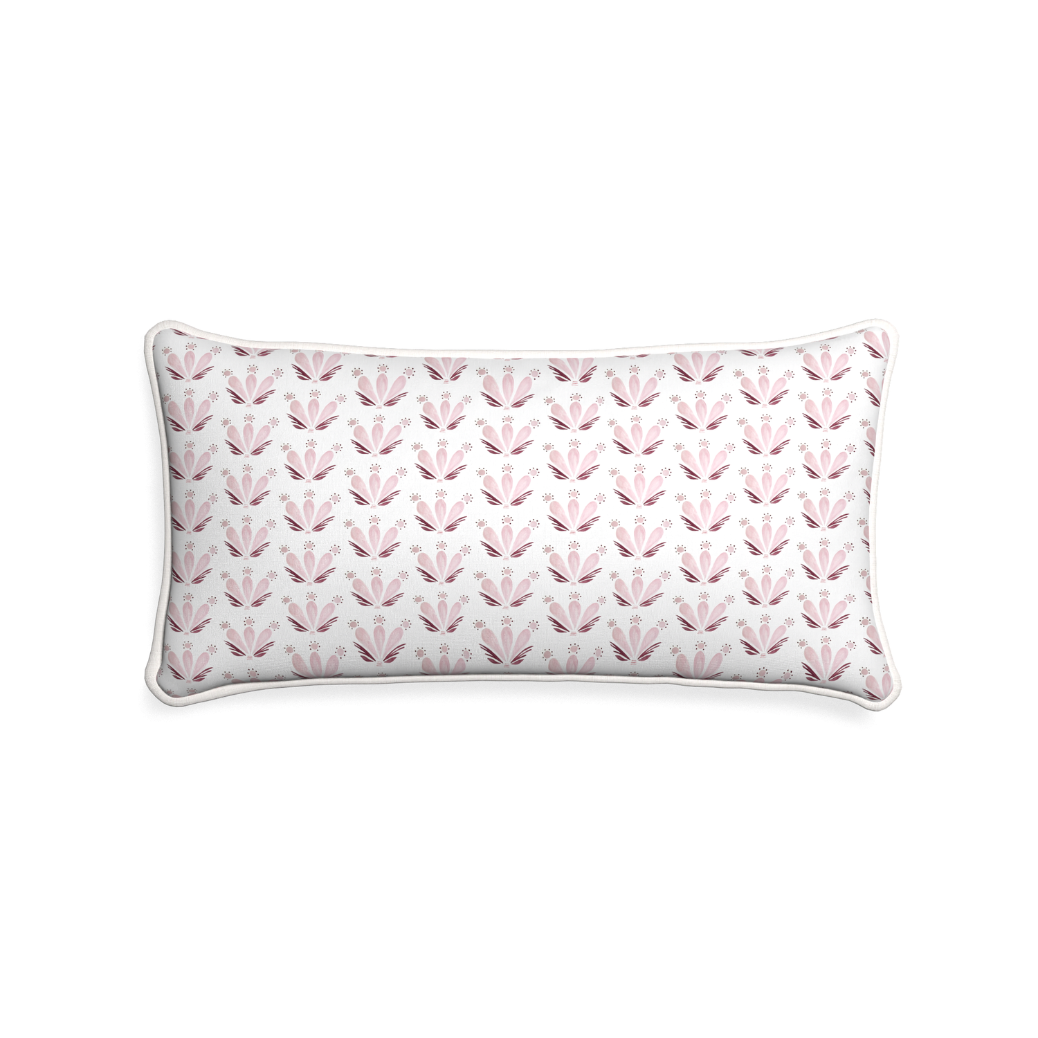 Midi-lumbar serena pink custom pink & burgundy drop repeat floralpillow with snow piping on white background