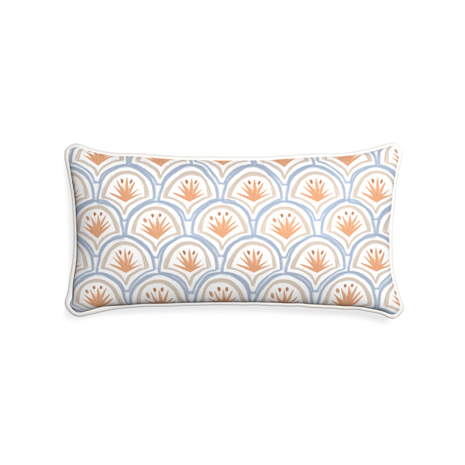 Midi-lumbar thatcher apricot custom art deco palm patternpillow with snow piping on white background