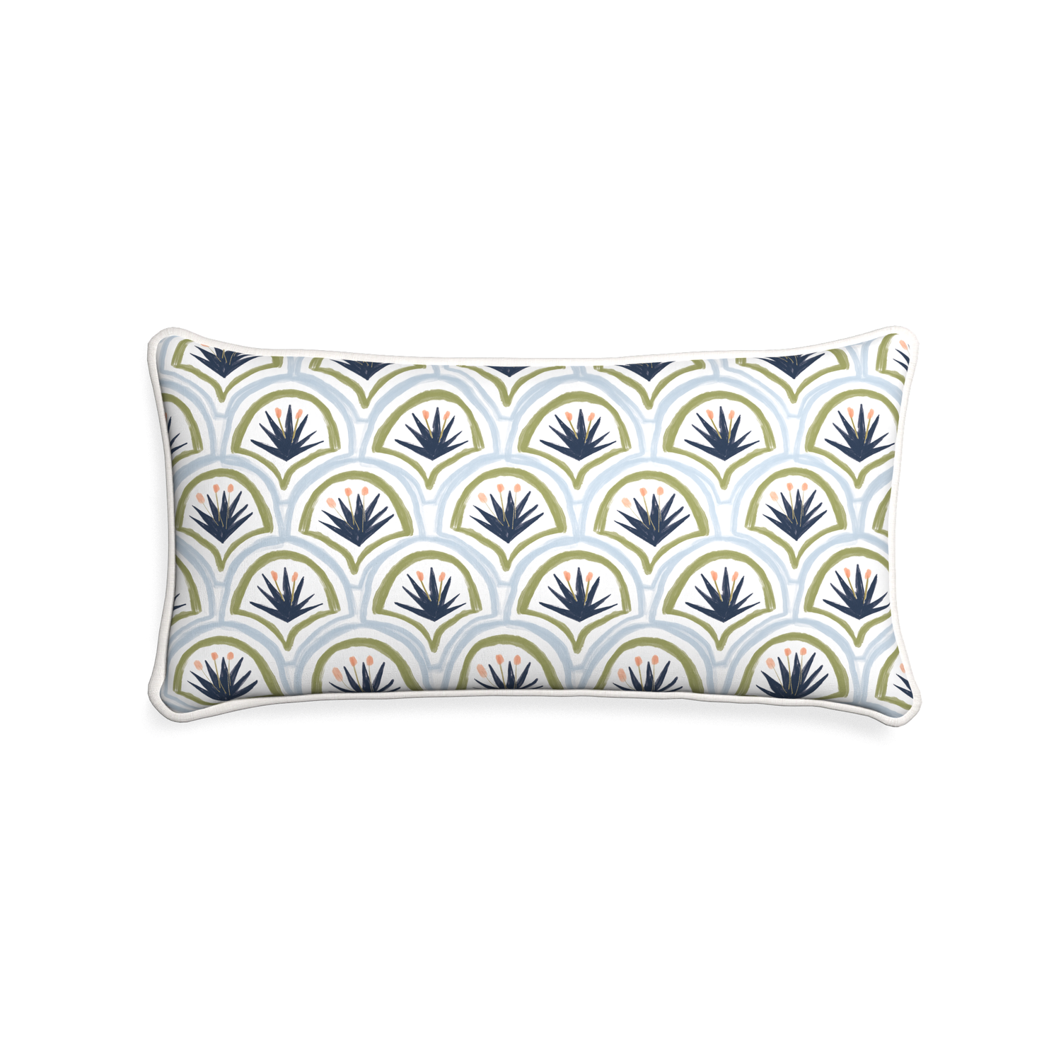 Midi-lumbar thatcher midnight custom art deco palm patternpillow with snow piping on white background