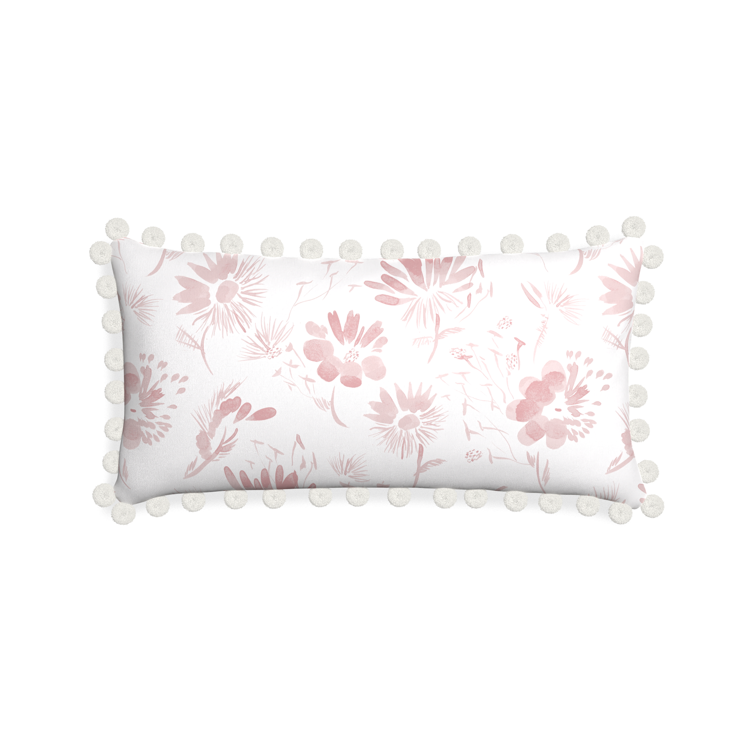 Midi-lumbar blake custom pink floralpillow with snow pom pom on white background