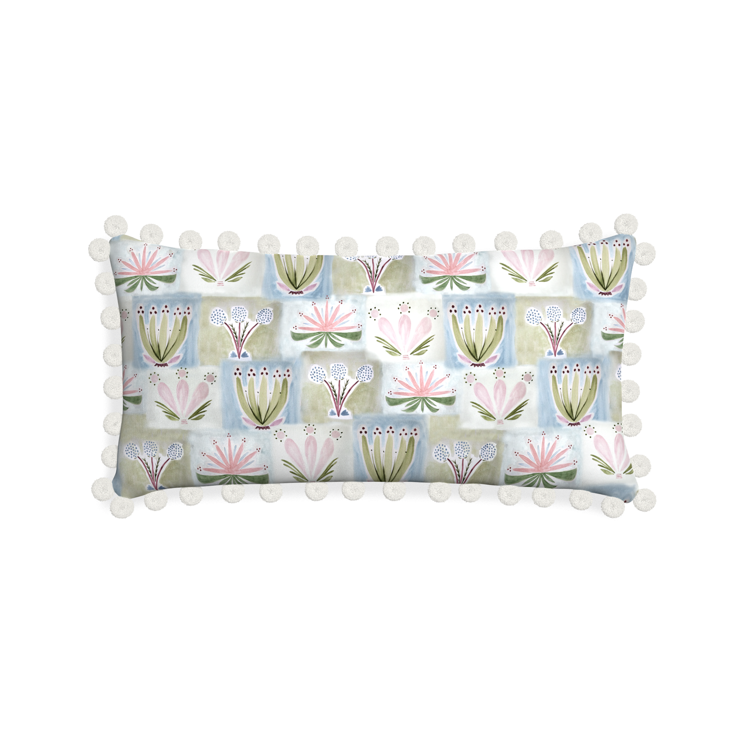 Midi-lumbar harper custom hand-painted floralpillow with snow pom pom on white background