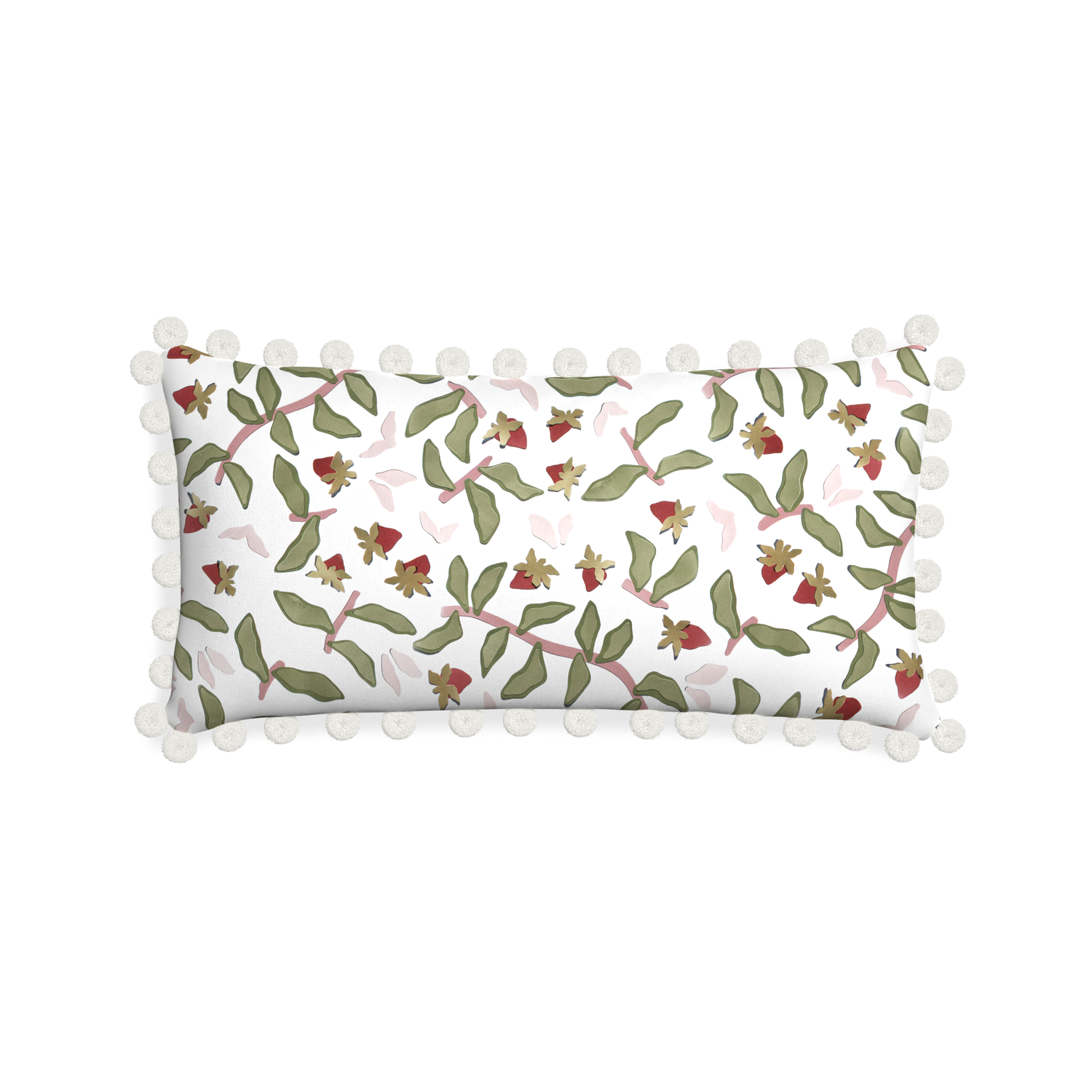 Midi-lumbar nellie custom strawberry & botanicalpillow with snow pom pom on white background