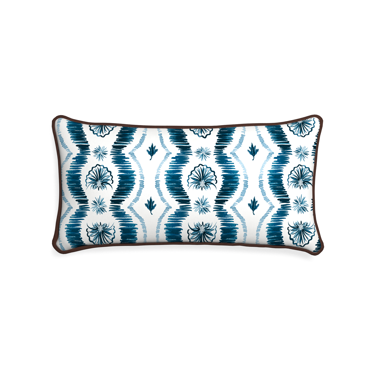Midi-lumbar alice custom blue ikatpillow with w piping on white background
