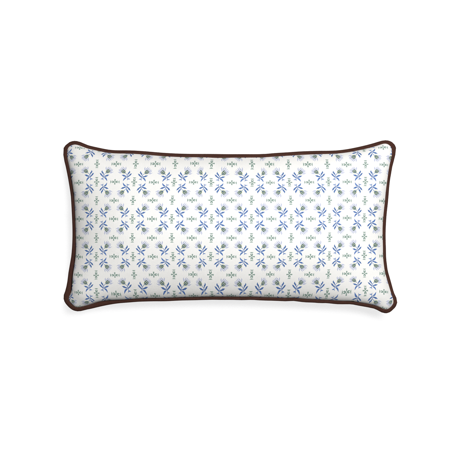 Midi-lumbar lee custom blue & green floralpillow with w piping on white background