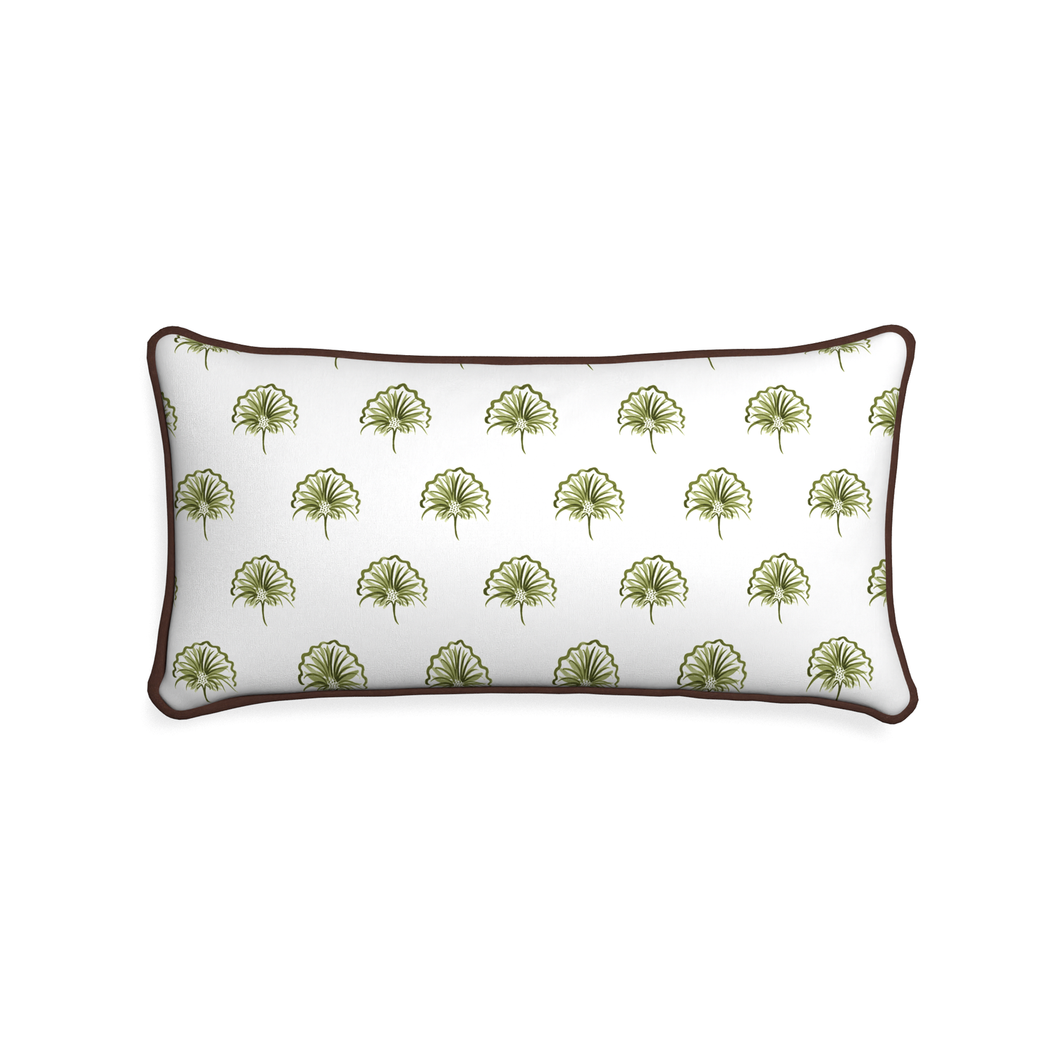 Midi-lumbar penelope moss custom green floralpillow with w piping on white background