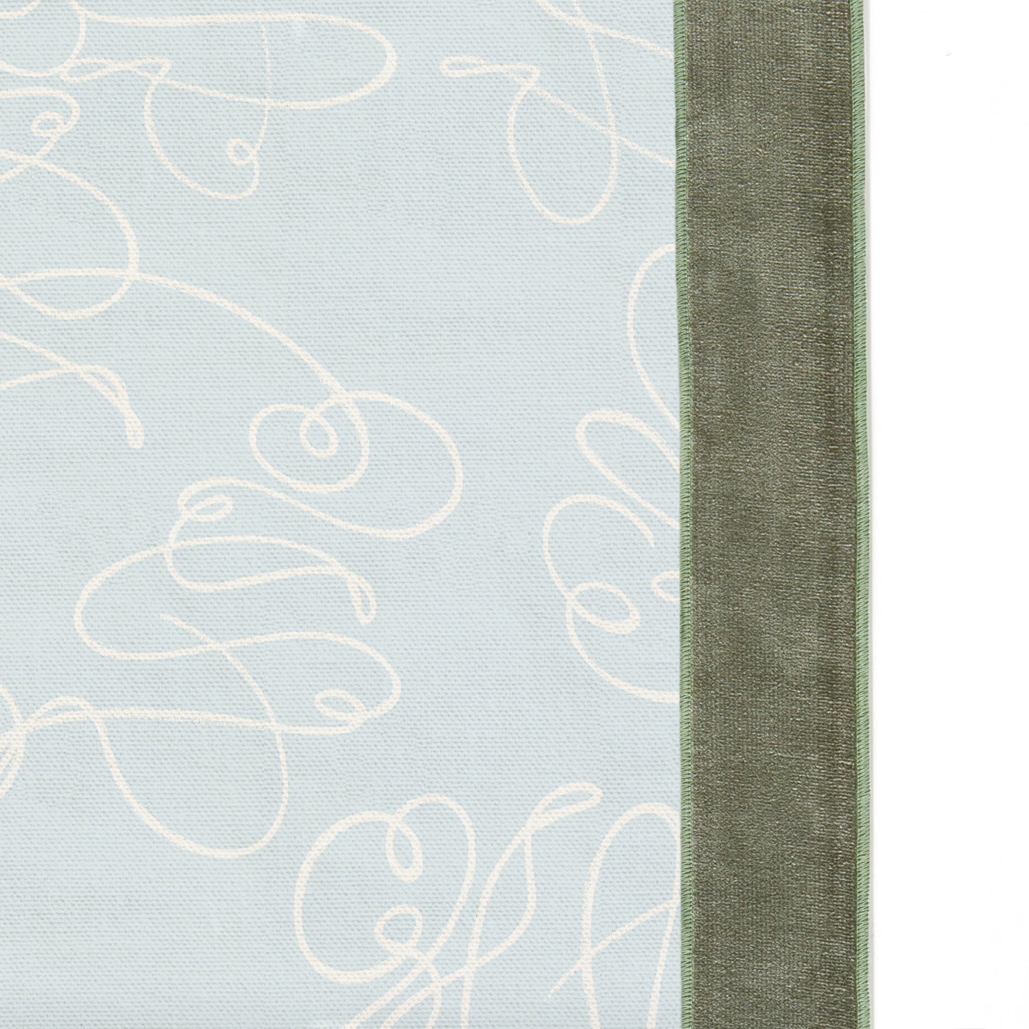 Upclose picture of Mirabella custom Powder Blue Abstractshower curtain with fern velvet band trim