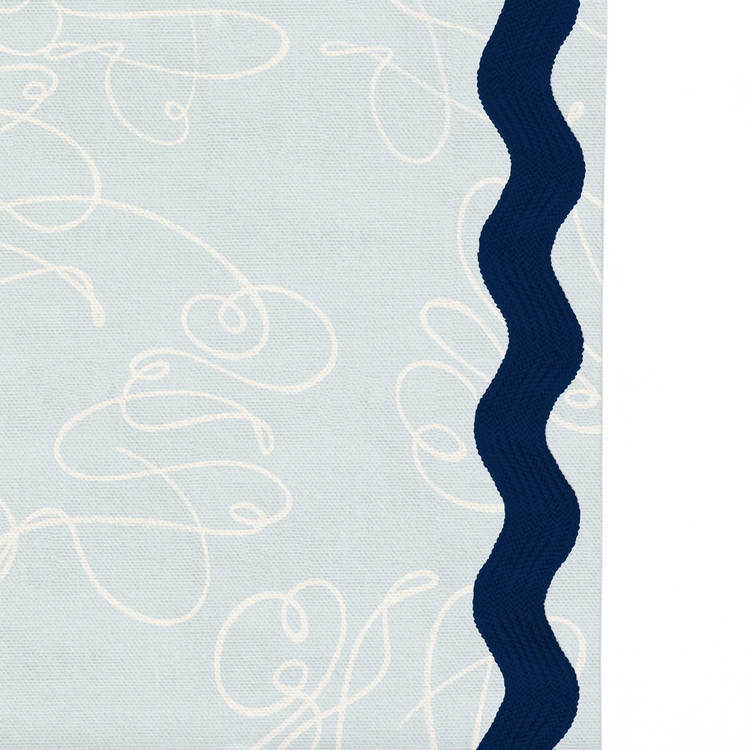 Upclose picture of Mirabella custom Powder Blue Abstractshower curtain with midnight rick rack trim