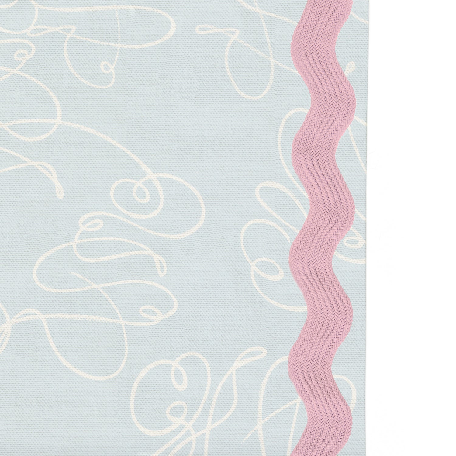 Upclose picture of Mirabella custom Powder Blue Abstractshower curtain with peony rick rack trim