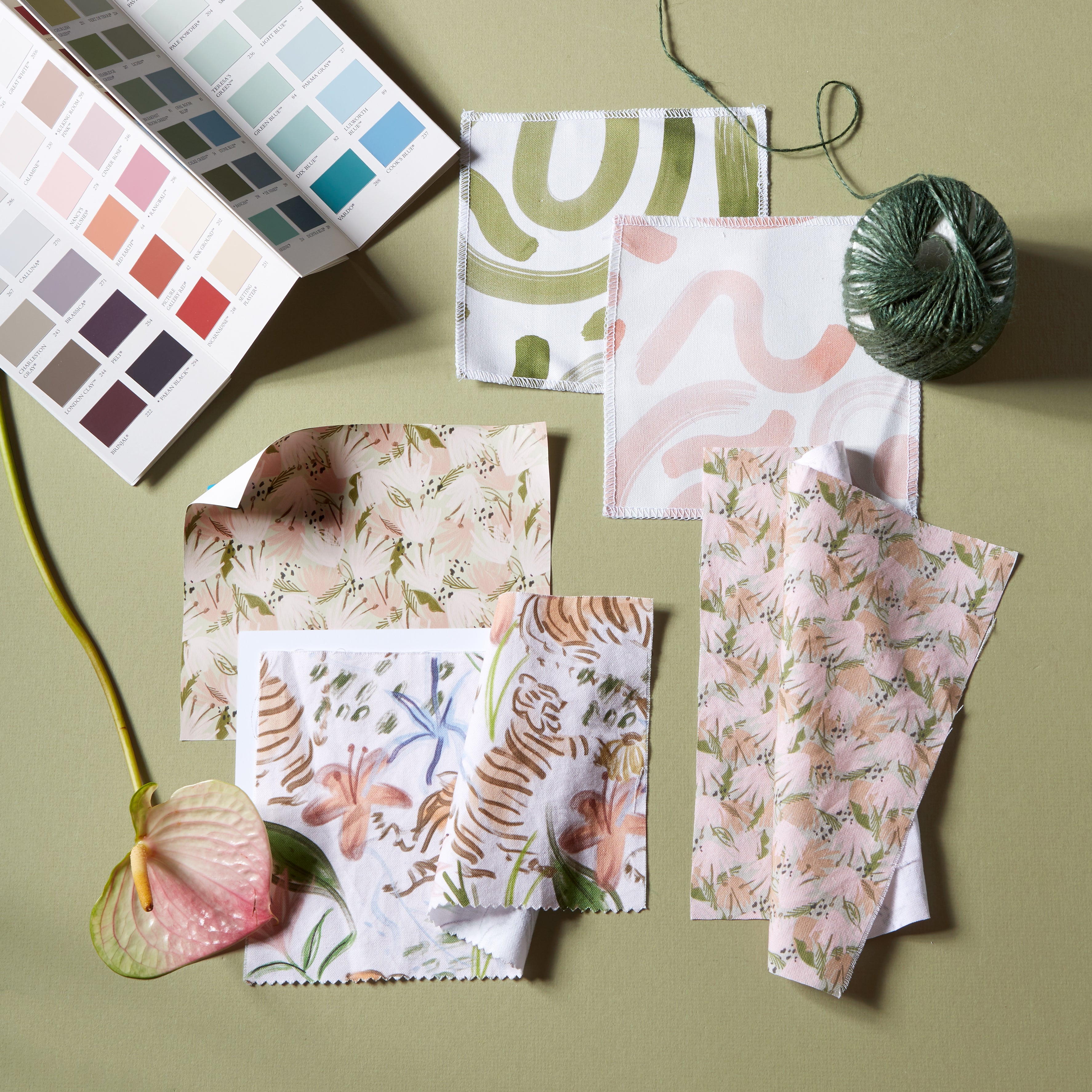 Interior design moodboard and fabric inspirations with Moss Green Printed Swatch, Pink Floral Printed Swatch, and Pink Chinoiserie Tiger Printed Swatch