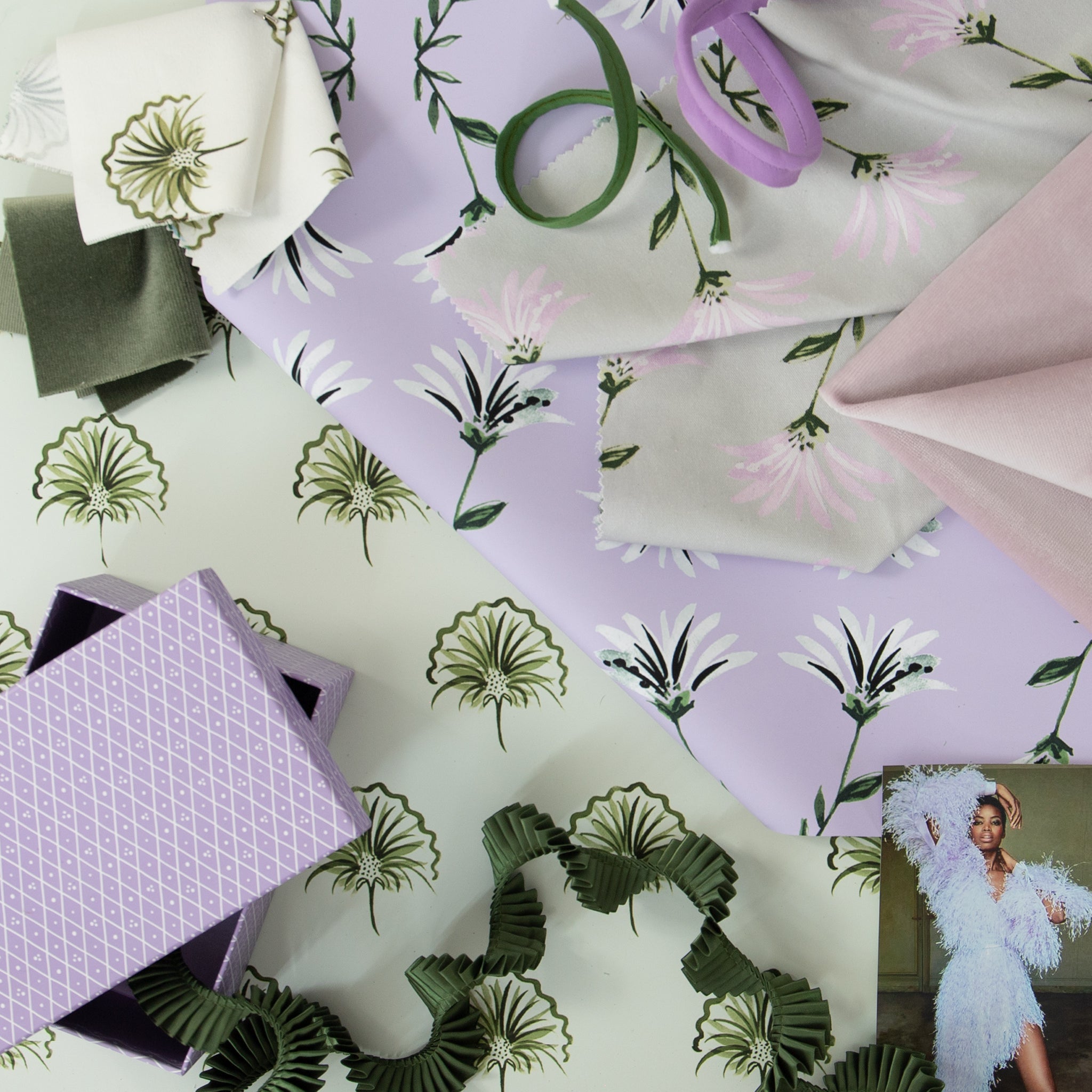 Interior design moodboard and fabric inspirations with Green Floral Printed Swatch, Pink Velvet Swatch, and Botanical Ikat Printed Swatch