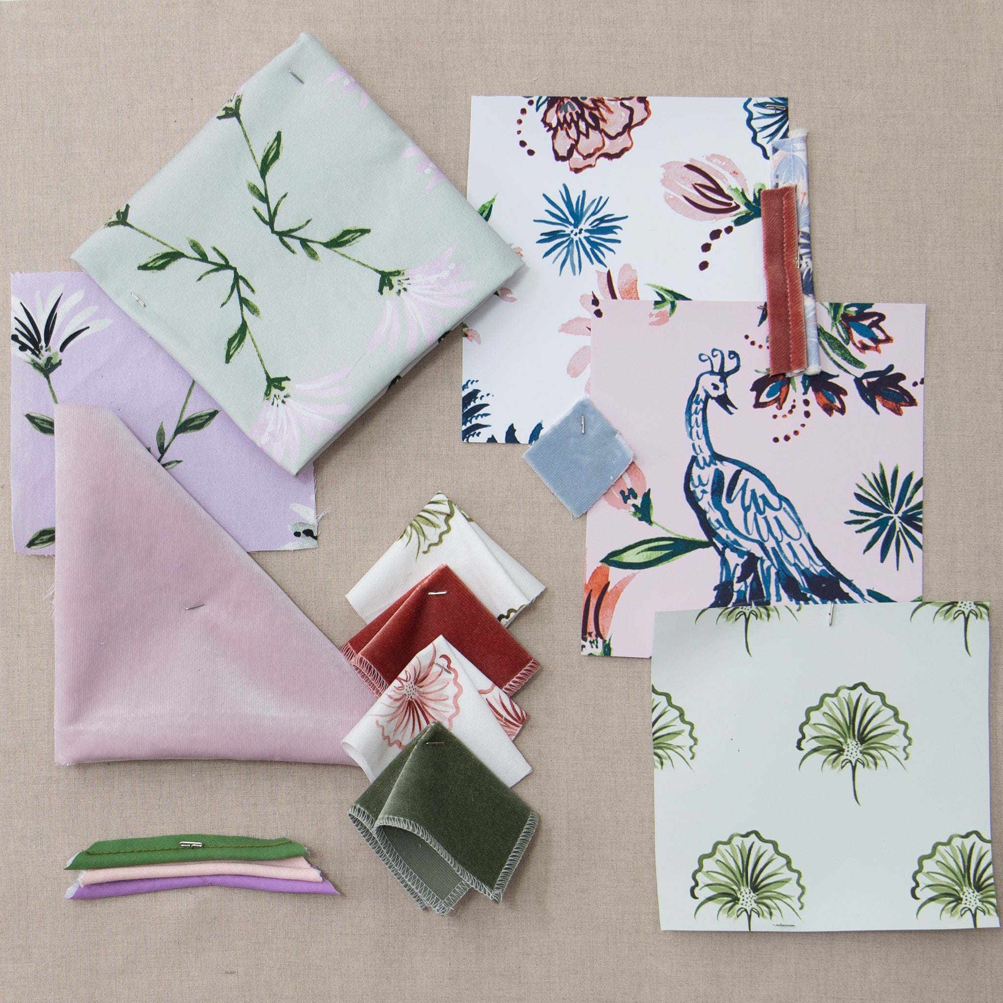 Interior design moodboard and fabric inspirations with Coral Velvet swatch, Pink Chinoiserie printed cotton swatch, Cream Chinoiserie Printed Swatch, Fern Velvet swatch, Lavender Floral printed swatch, and Green Floral printed cotton swatch