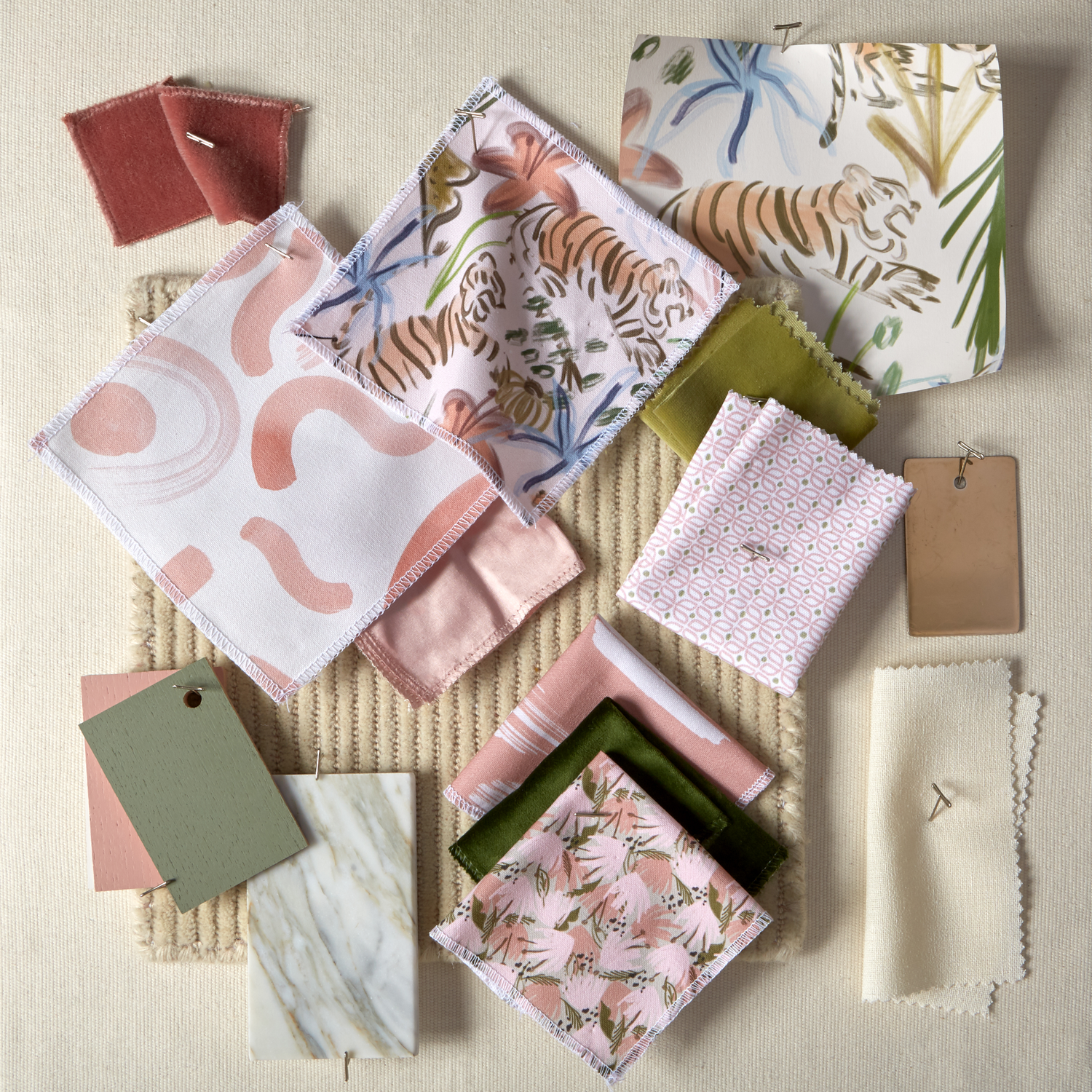Interior design moodboard and fabric inspirations with Coral Velvet swatch, Pink Chinoiserie Tiger printed cotton swatch, Pink Graphic printed cotton swatch, and Pink Floral printed cotton swatch