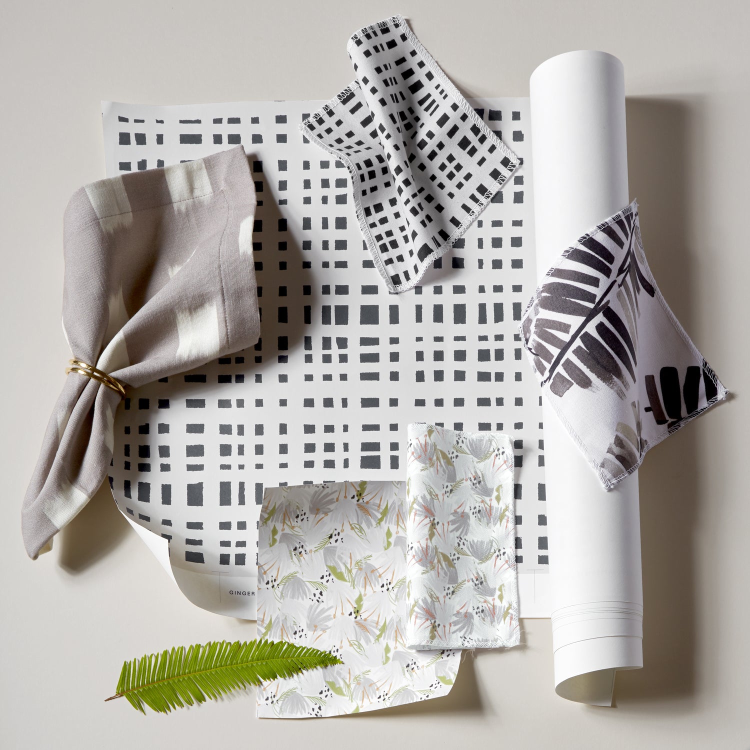 Interior design moodboard and fabric inspirations with Grey Floral Printed swatch, Cream Gingham Pattern Printed Swatch, and Black Gingham printed swatch.