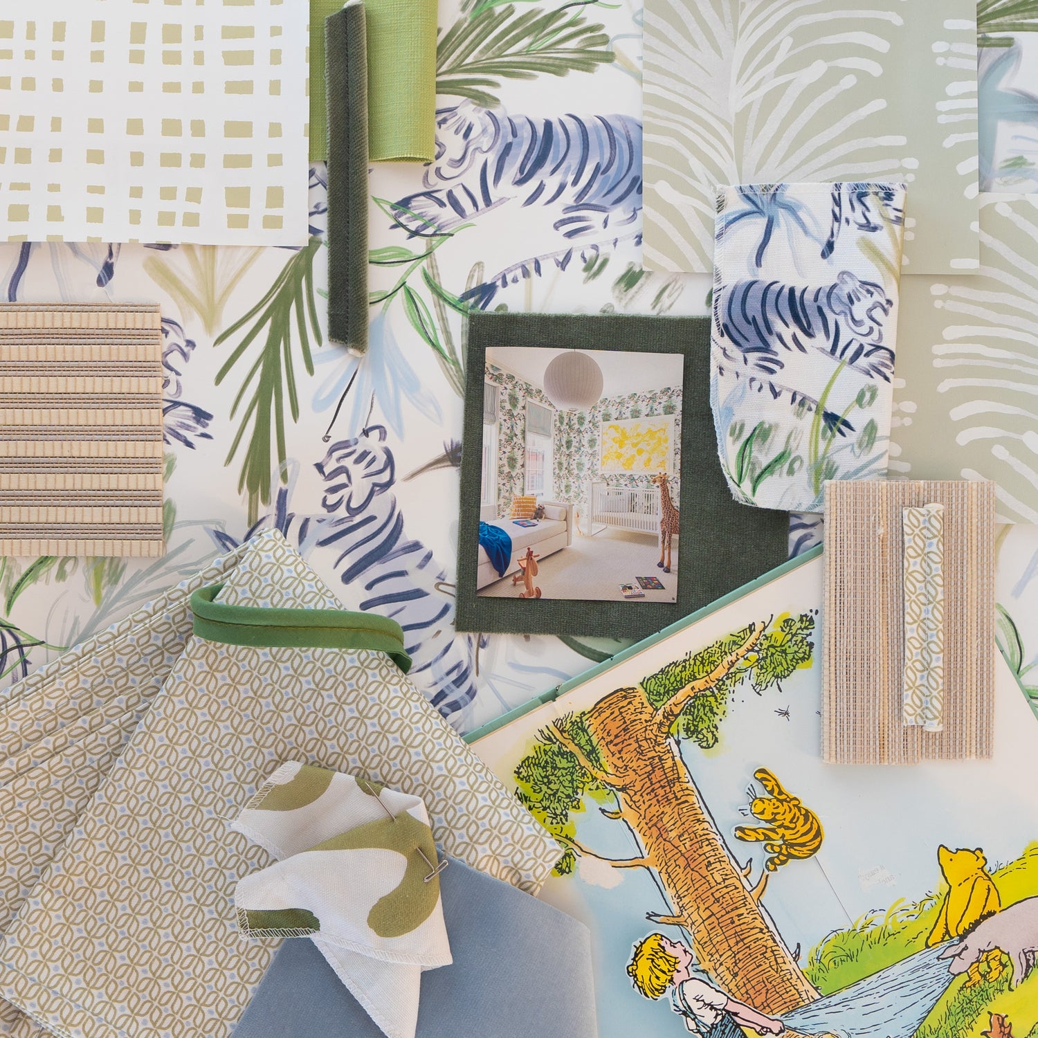 Nursery moodboard featuring Green Geometric Fabric and Blue and Green Tiger Wallpaper.