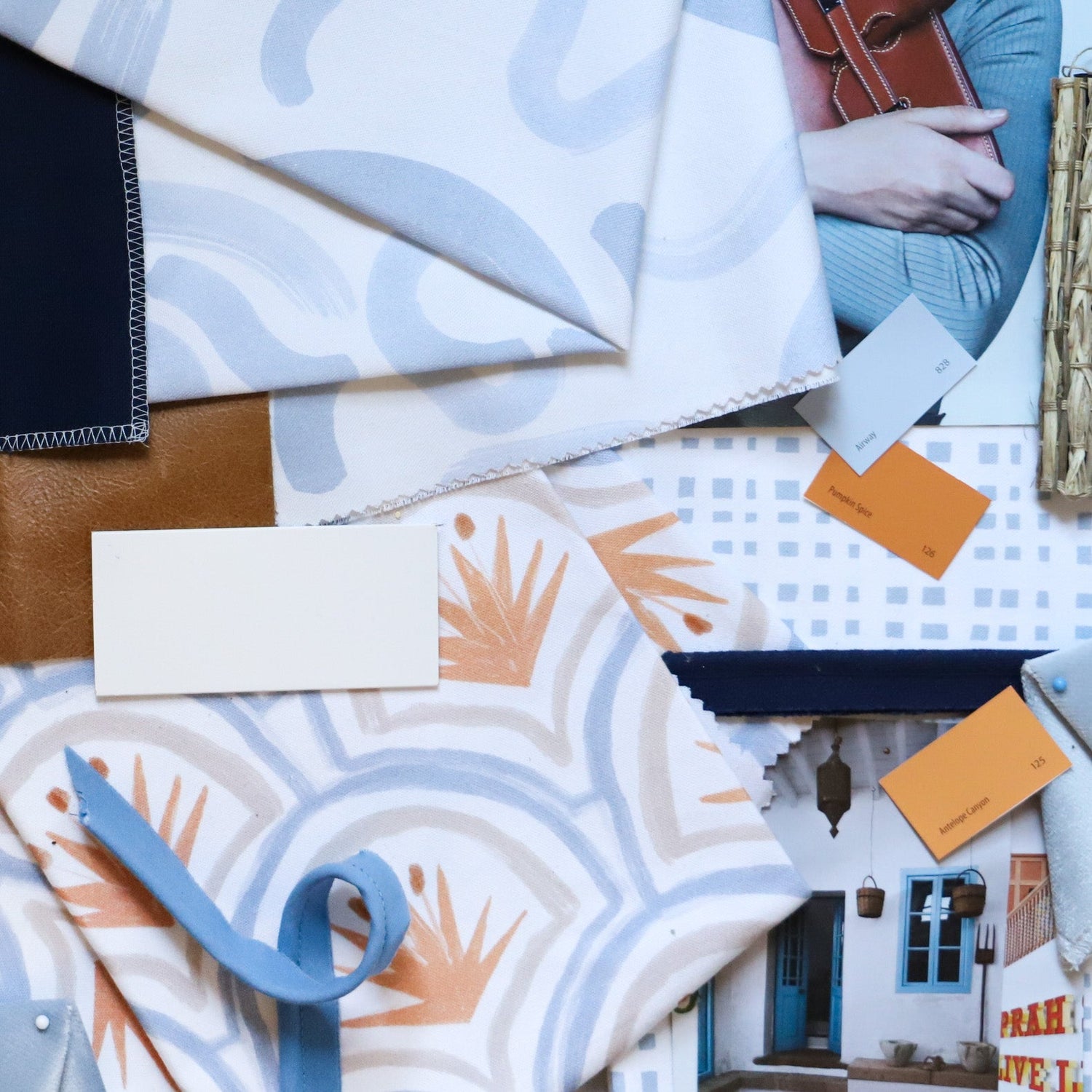 Interior design moodboard and fabric inspirations with Sky Blue Pattern Printed swatch, Art Deco Palm Pattern Printed Swatch, and Sky Blue Printed Swatch