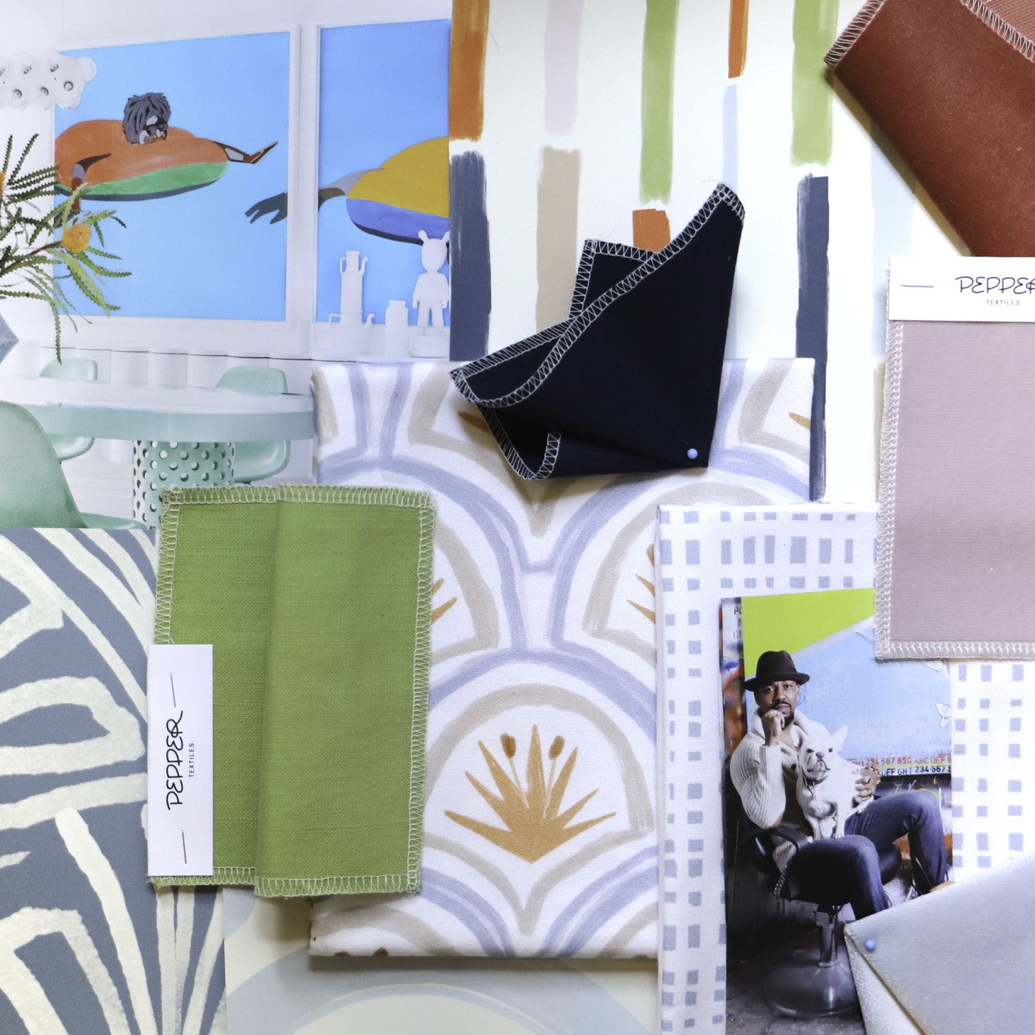 Interior design moodboard and fabric inspirations with Sky Blue Printed Swatch, Navy Blue Swatch, and Art Deco Palm Pattern Printed Swatch