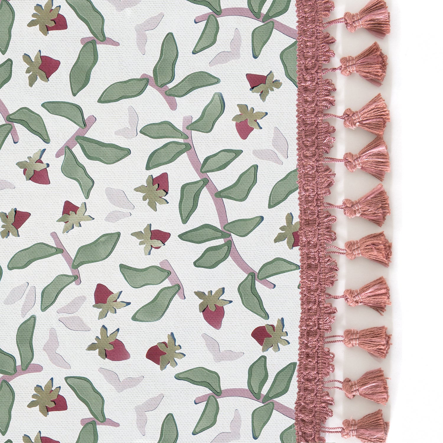 Upclose picture of Nellie custom Strawberry &amp; Botanicalcurtain with dusty rose tassel trim