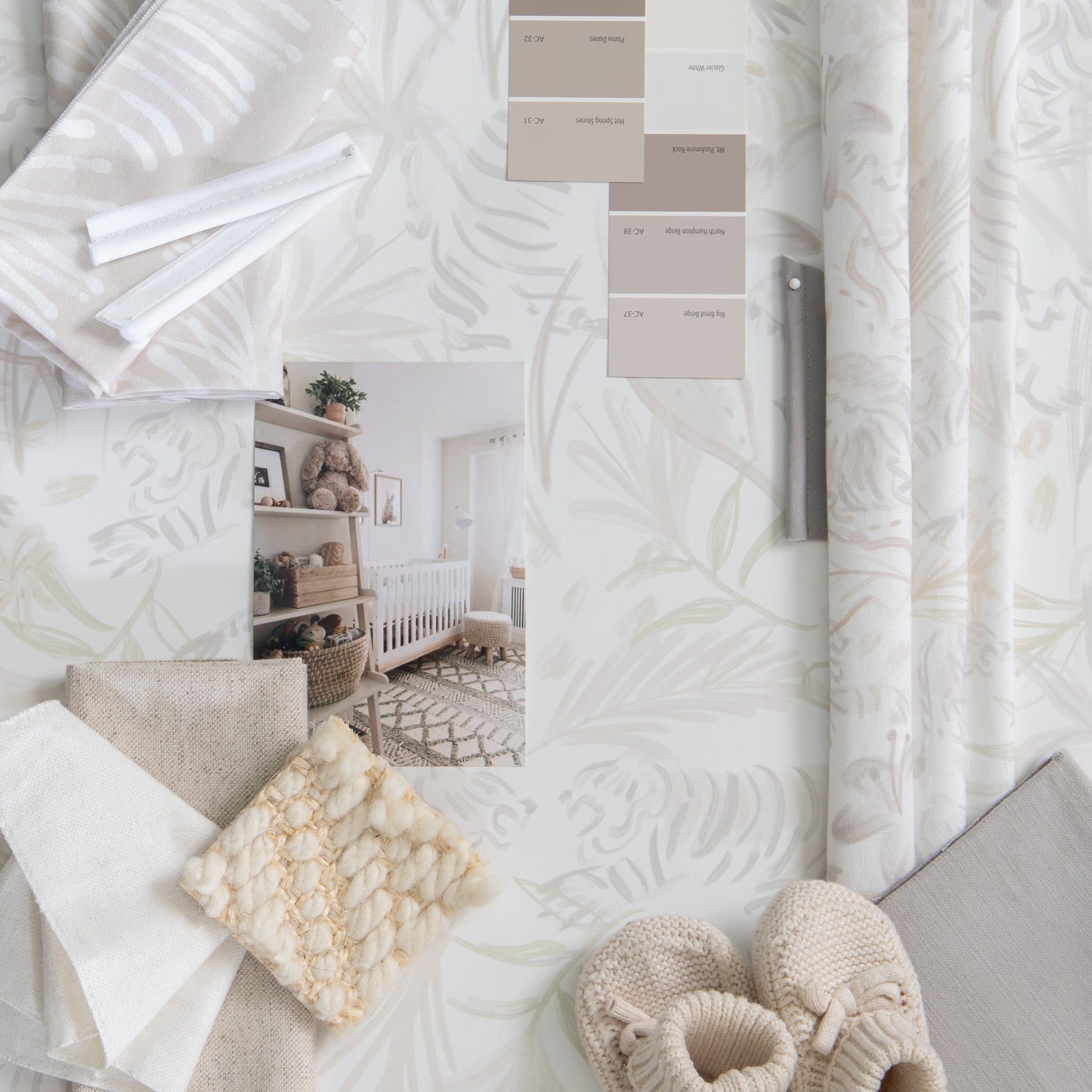 Interior design moodboard and fabric inspirations with Beige Botanical Stripe Printed Swatch, Oat Linen Swatch, and Beige Chinoiserie Tiger Printed Swatch