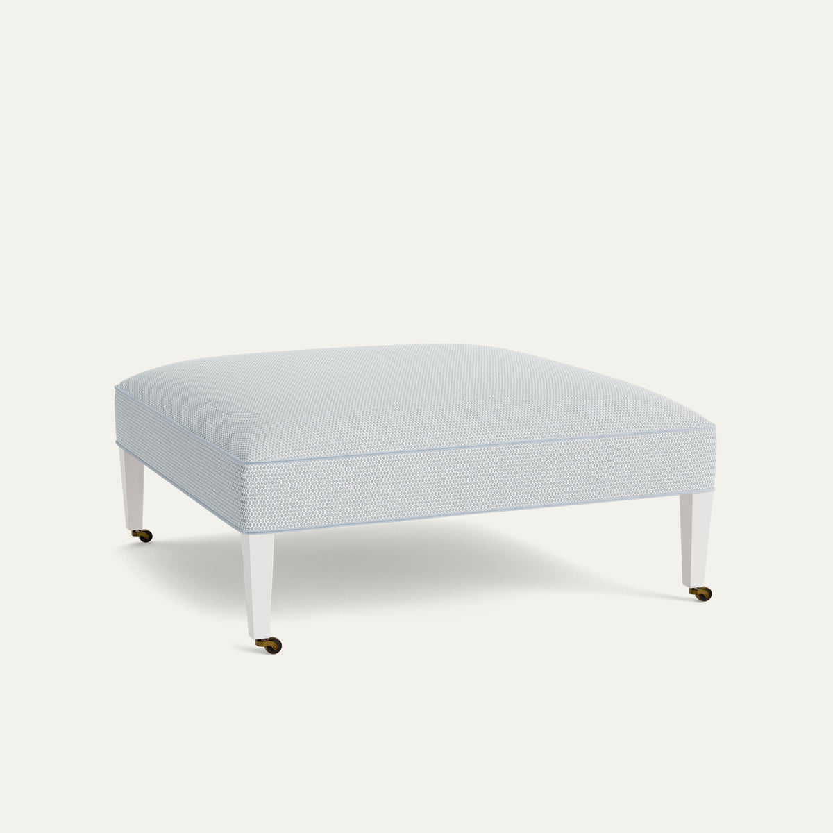 FEATURED: Shown in 44" Square / Flat / Tapered Leg / Flour / Sky Velvet Welt